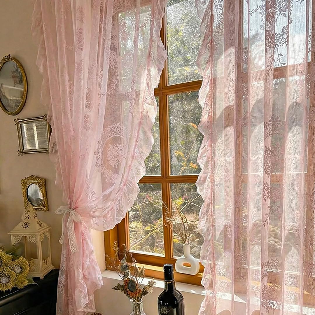 LOHUT 102 Inches Long Pink Lace Curtains for Bedroom 2 Panels Set Vintage Boho Curtains Sheer Floral Embroidery Ruffled Window Treatment Rod Pocket,52 X 102 Inch,Pink — image 1