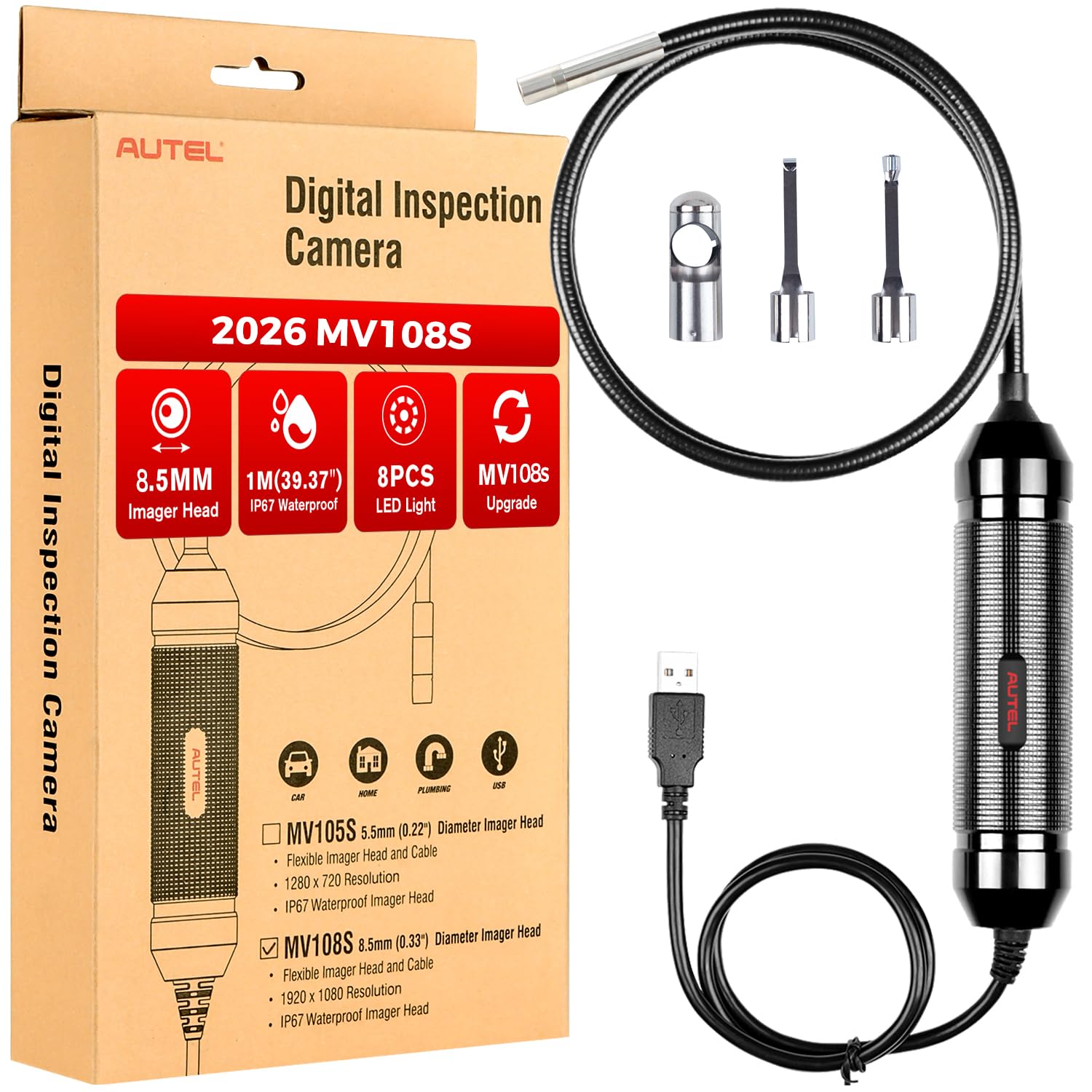 Autel MaxiVideo MV108S Digital Inspection Camera, 2MP 1920x1080, 8.5mm Ultra-Slim USB Industrial Endoscope, IP67 Borescope Snake Camera+ LED Light,