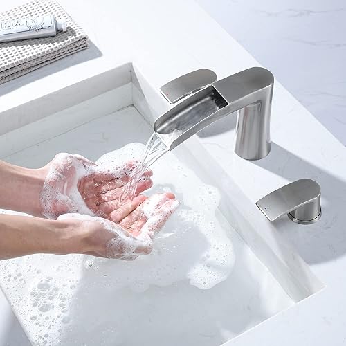 Miniatura 9 de Waterfall Bathroom Faucets with Drain - 2 Handles Bathroom Sink Faucet for 3 Holes Sink Brushed Nickel Widespread Bathroom Faucet with Pop Up Sink