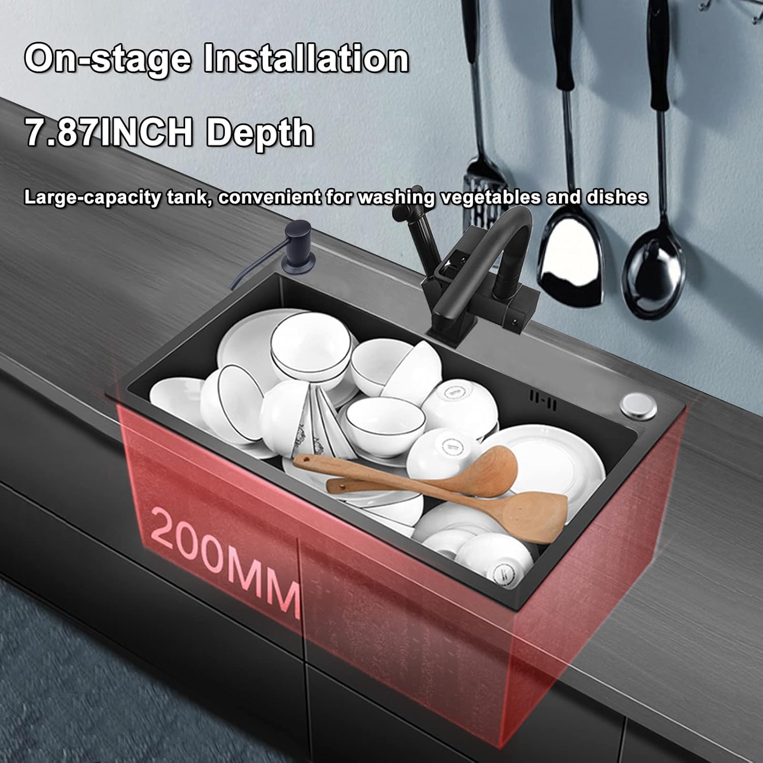 Kitchen Sink with Faucet Undermount Single Bowl Big Thick 304 Stainless Steel Large Capacity Sink Black Nano Thick for Home Múltiples Accesorios