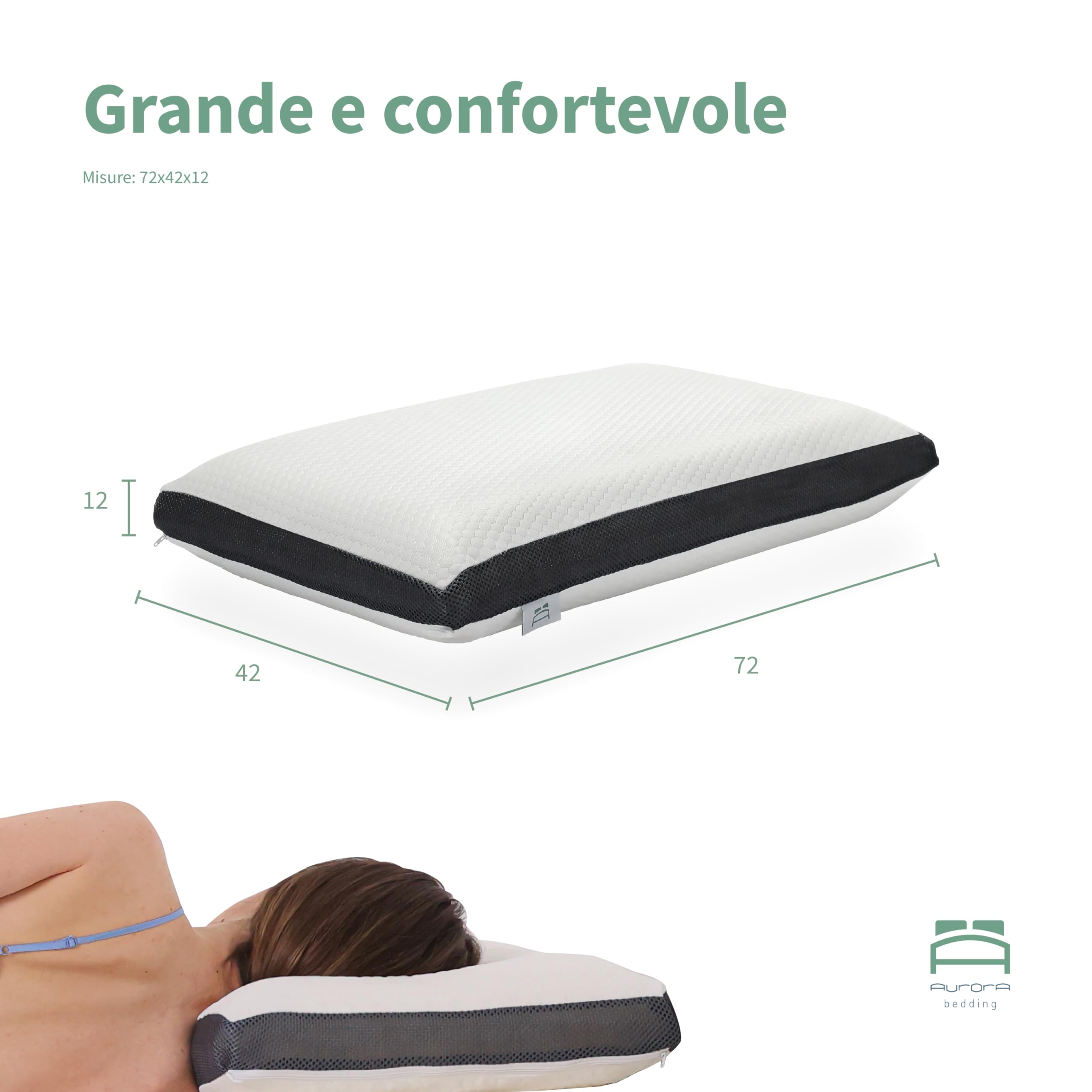 Aurora Bedding Coussin de Savon en Mousse à mémoire de Forme, Respirant et hypoallergénique 41 x 72 Hauteur 12 cm