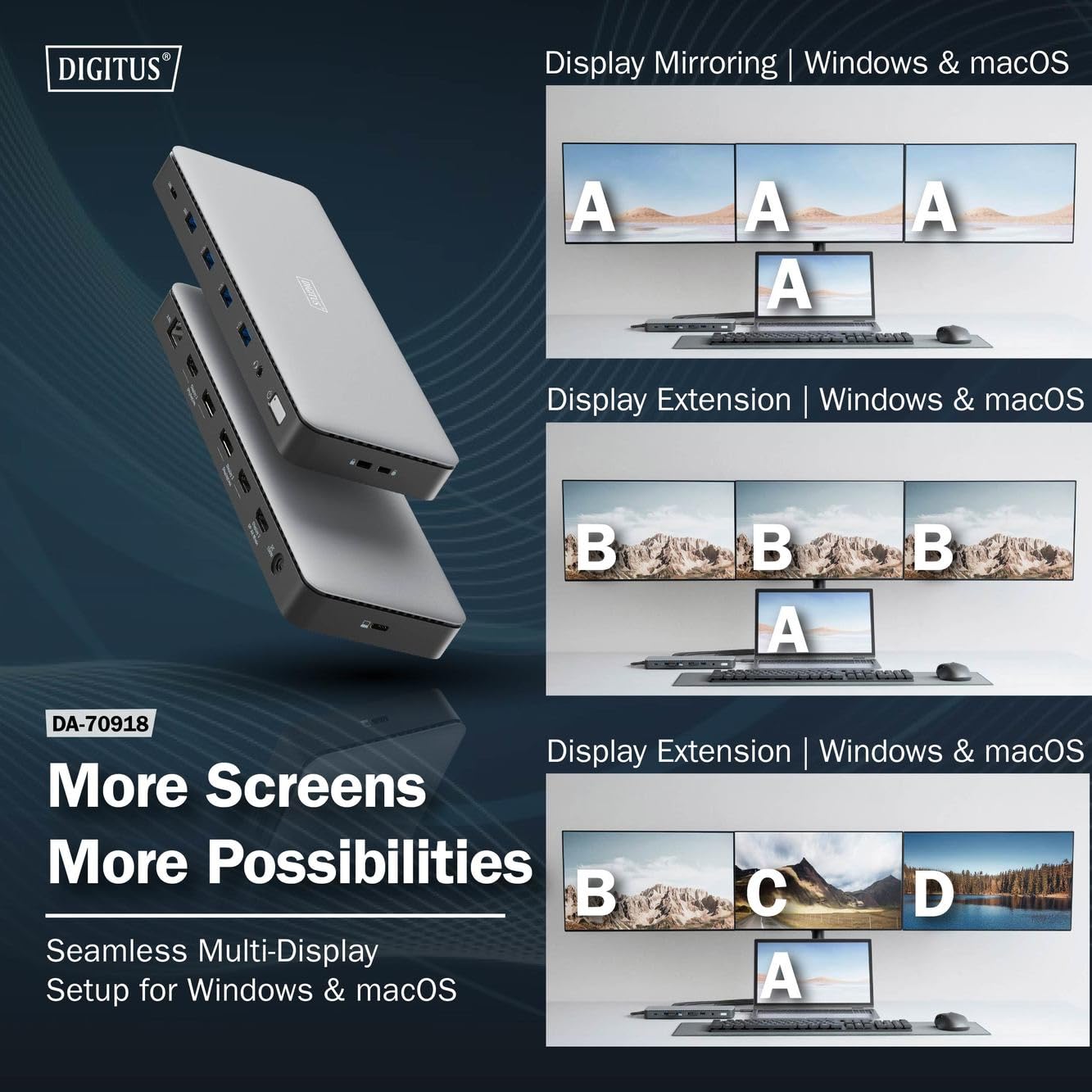 DIGITUS Station d'accueil USB-C – 13 Ports – 3X HDMI, 2X DP UHD 4K 60 Hz