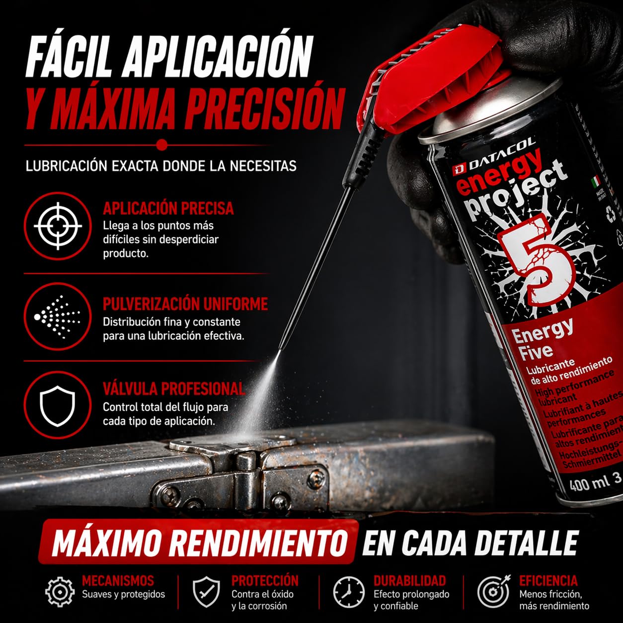Datacol lubricante spray multiuso 5 en 1, aflojatodo de alto rendimiento y larga duración, elimina óxido y protege contra corrosión, 400 ml (4)