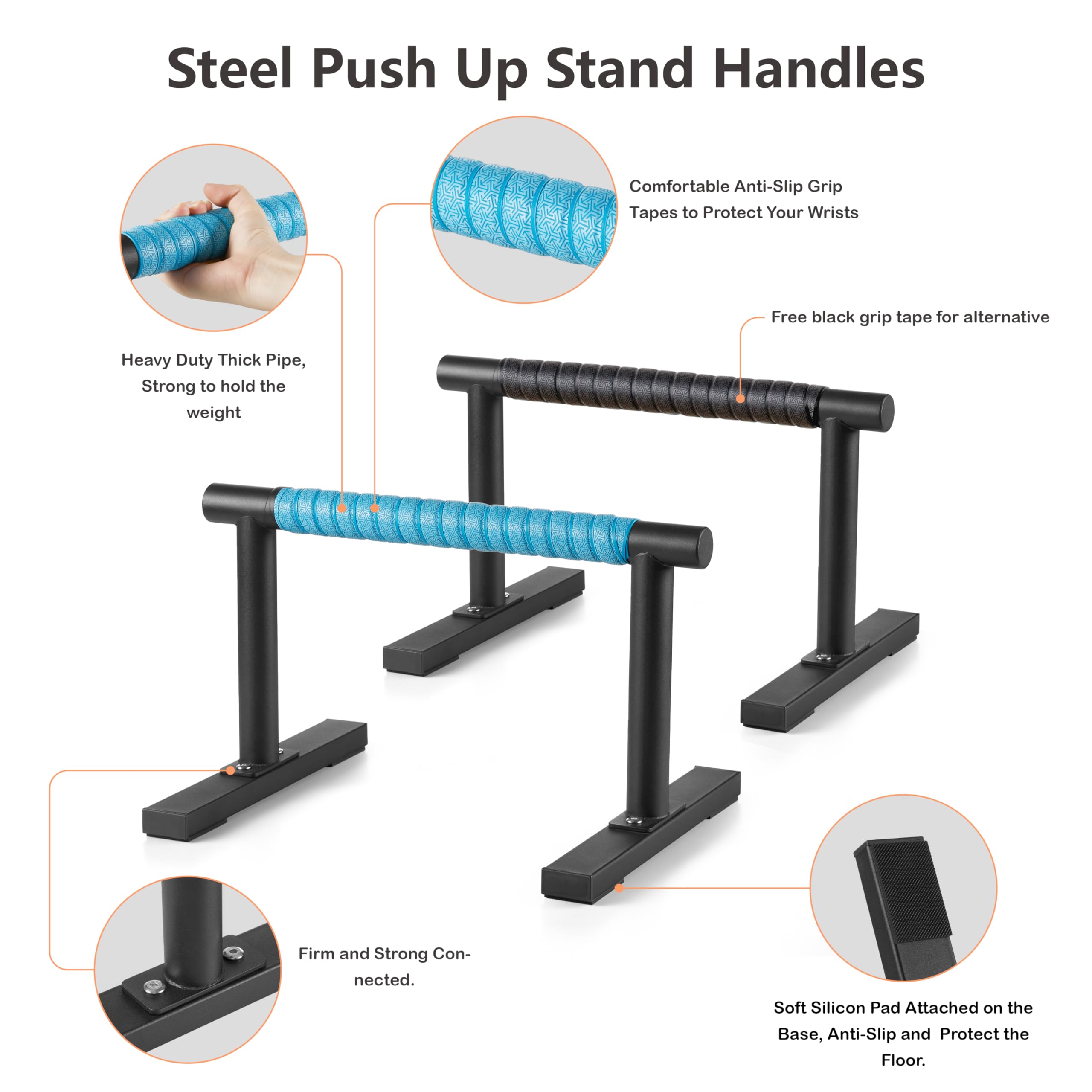 Purife Steel Black Push Up Handles Parallettes Bars for Floor Workout, Anti-slip Calisthenics Gymnastics Bars, Strength Training Pushup Handstand Stands for Home Exercise