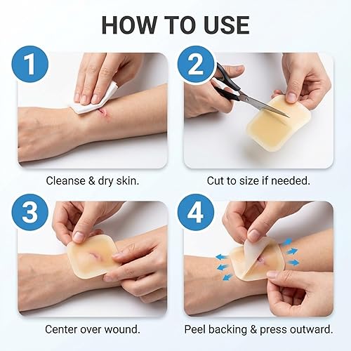 Miniatura 7 de AWD - Vendajes hidrocoloides - Apósito hidrocoloide autoadhesivo estéril para curación avanzada Paquete de 10, 4 x 4 pulgadas Flexible, sin