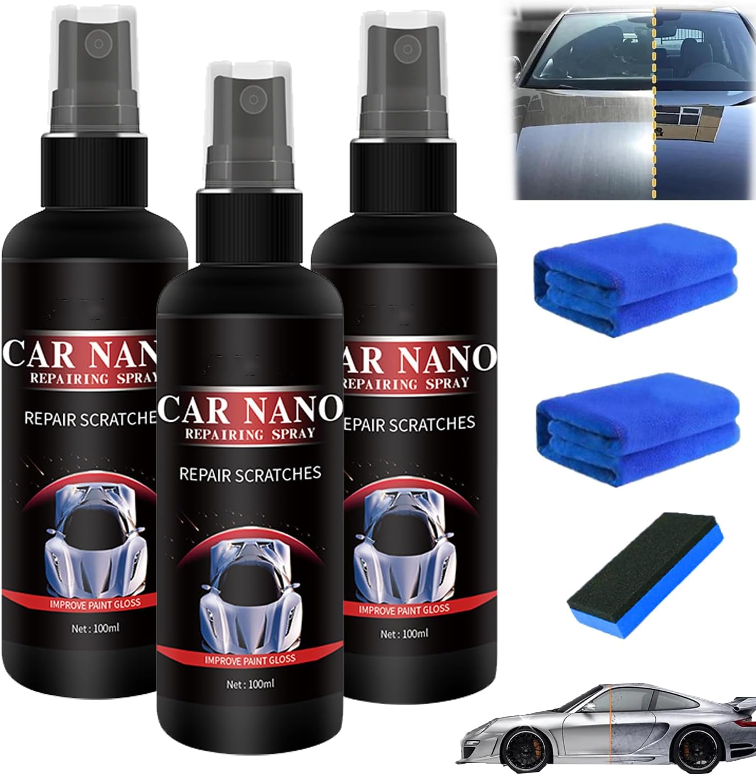 Nano Scratch Remover, Nano Car Scratch Repair Spray, Scratch Repair, Fast Repairing Scratch Spray, Rub and Buff for All Vehicle Paint Care (100ml-3)