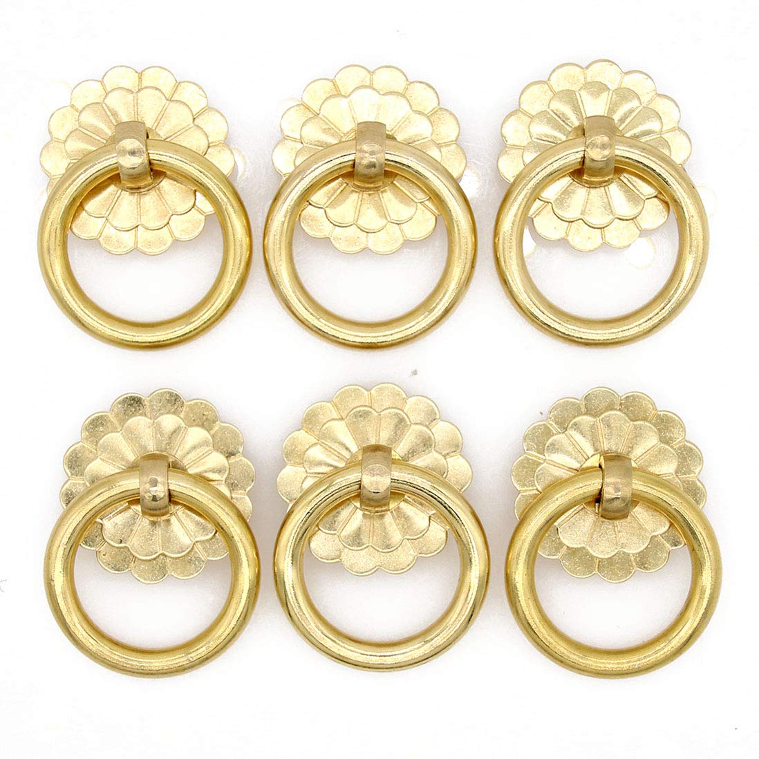 LXZ 6 PCs Vintage Golden Brass Ring Pulls - Pure Solid Brass Cabinet Hardware- Ring Size 1.4" (3.5 cm)
