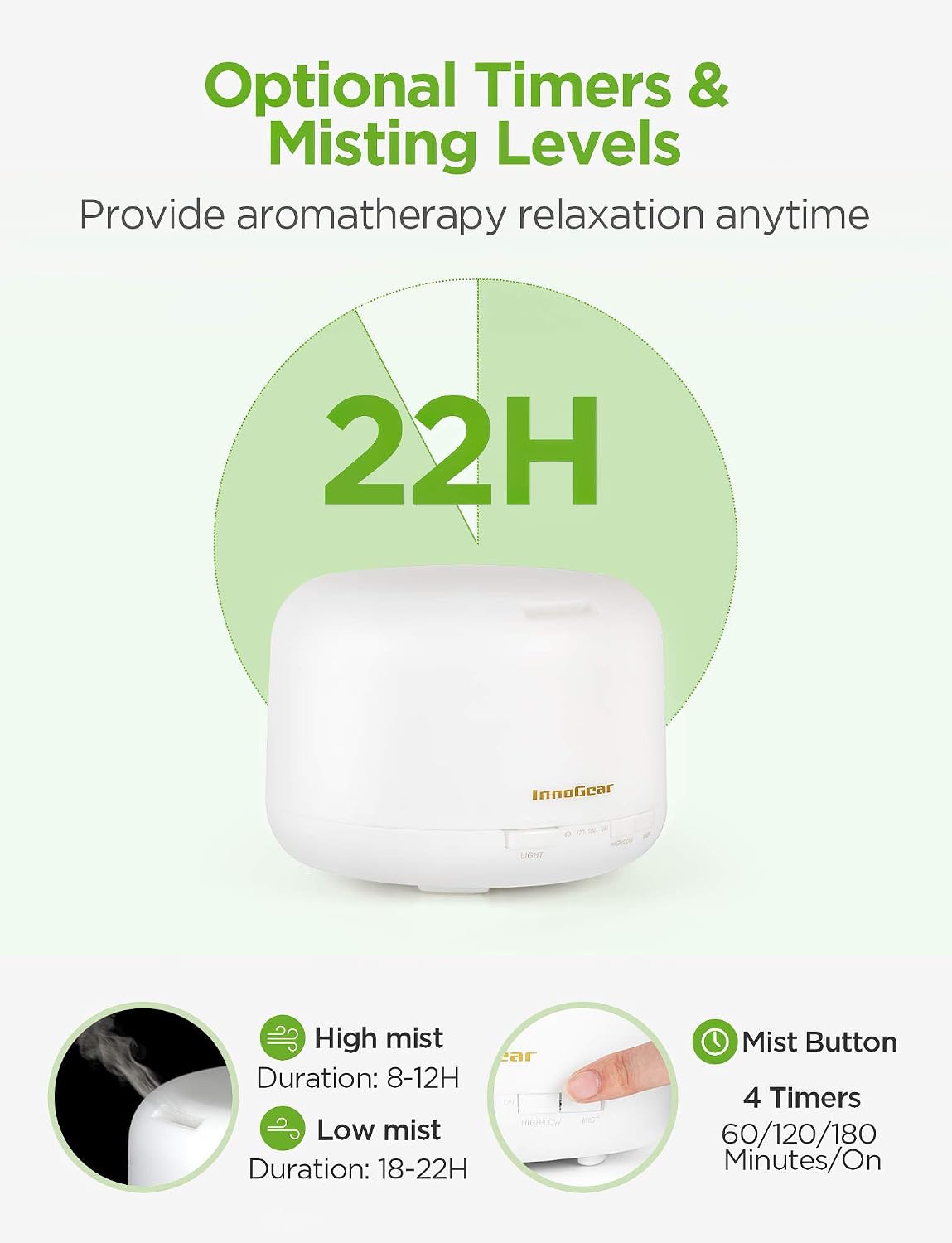 InnoGear 500ml Aromatherapy Essential Oil Diffuser Cool Mist Humidifier Waterless Auto Shut-off with 4 Timers and 7 LED Color Changing Lights