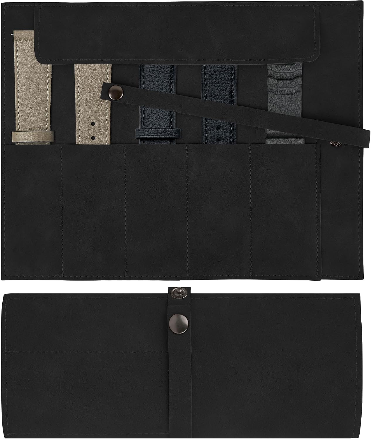 Vegan Leather Watch Band Storage Case, Waterproof Watch Strap Roll Organizer with 5 Slots, Travel Accessories Pouch Compatible with Apple/Garmin/Samsung Watch Bands (Black)