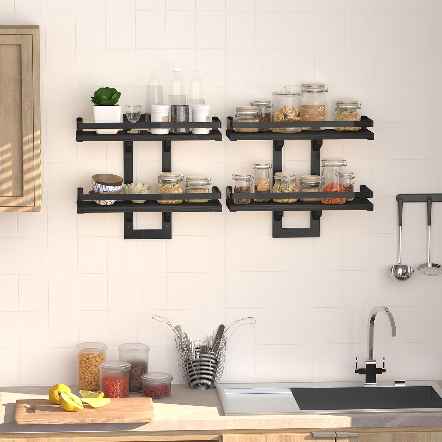 Floating Shelves for Wall, 2-Tier Wood Hanging Decor Storage Shelves, Wall Mounted Floating Shelf for Living Room, Bedroom, Bathroom,Kitchen, Office, Study (2-Pack Black)
