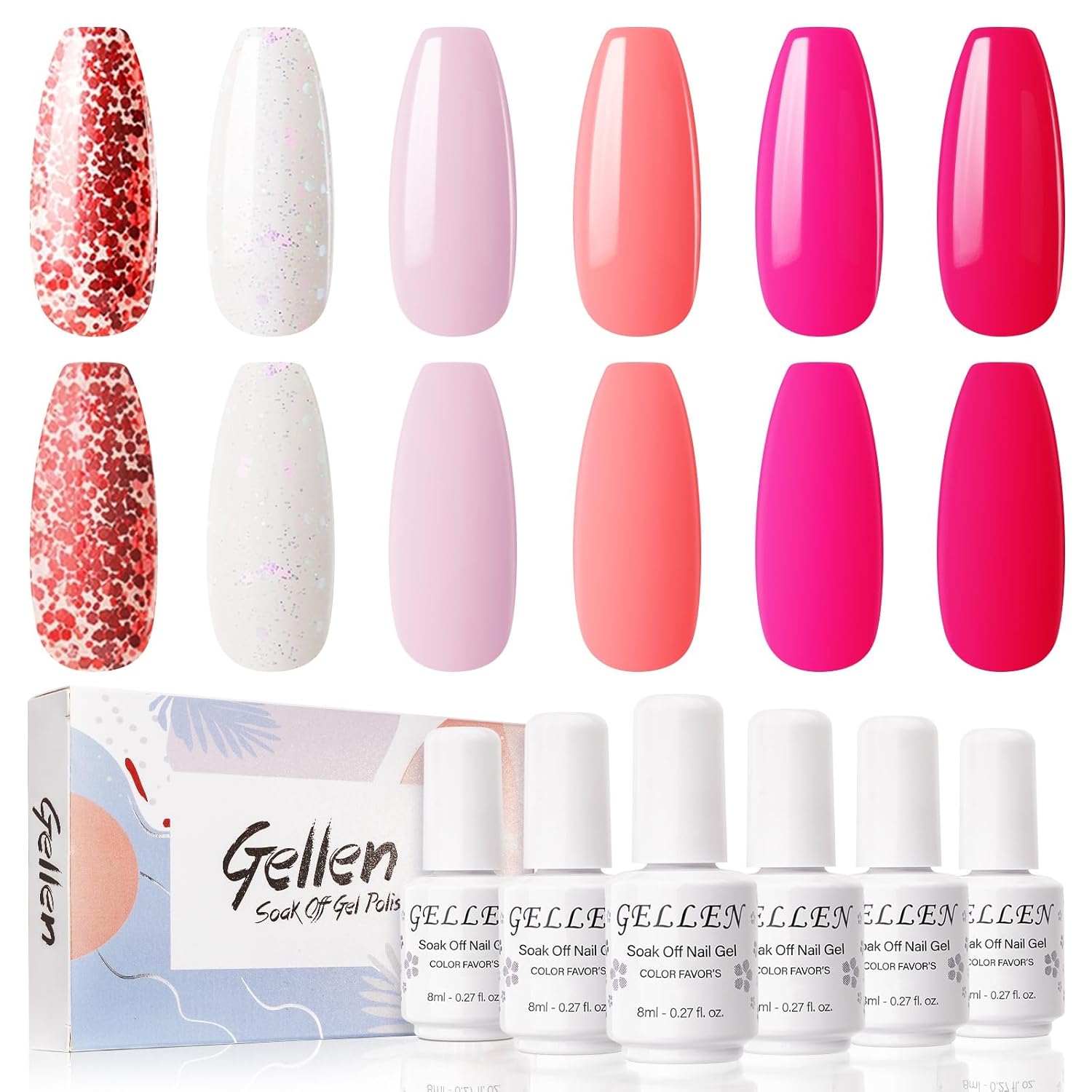 Gellen Pink Gel Nail Polish Kit, Hot Pink Glitter Gel