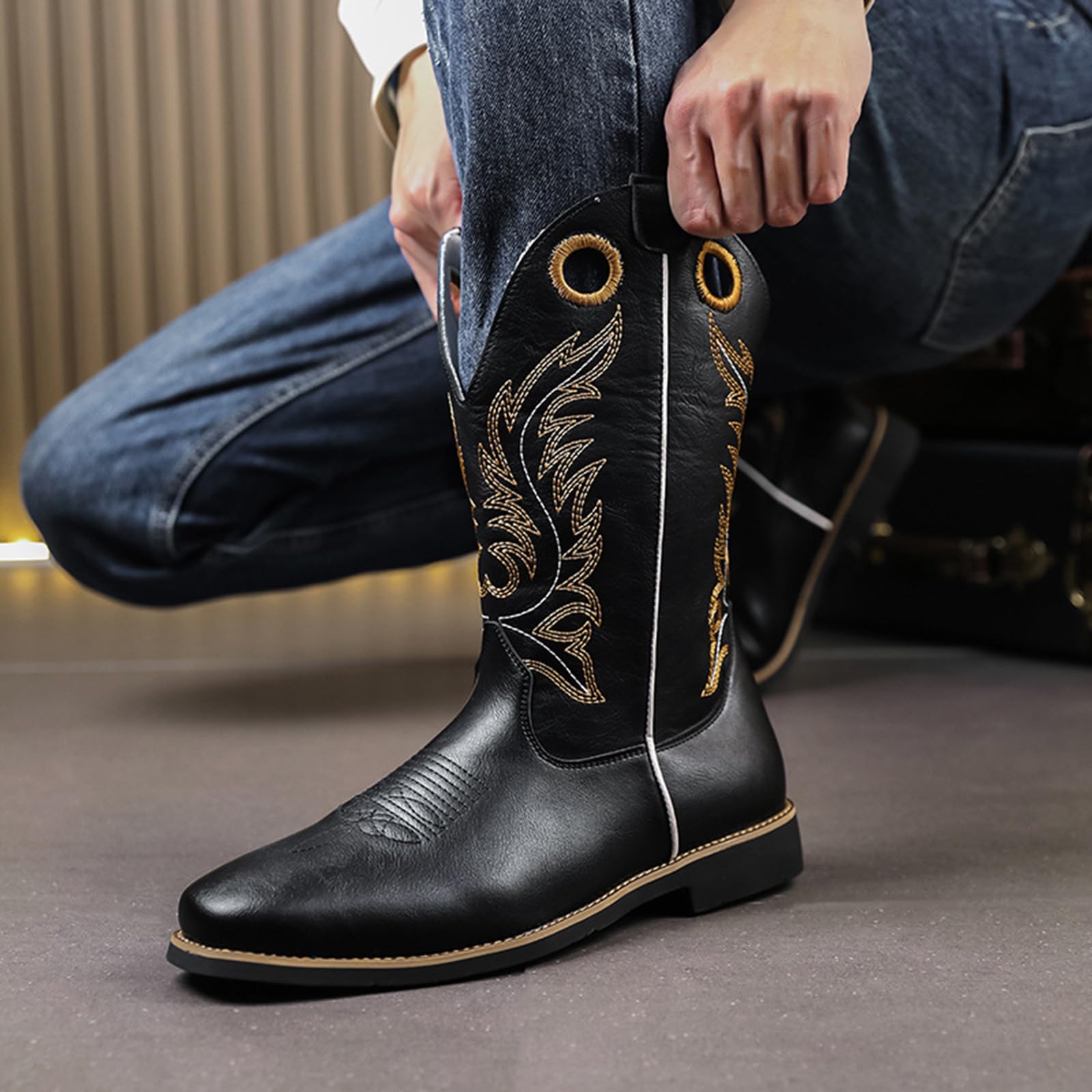 Stivali da Cowboy Uomo Stivali Western Ricamati Retro | Stivali da Equitazione Pelle Sintetica Punta Tonda Comodi Suola in Gomma Antiscivolo Stivali Country Casual Moda