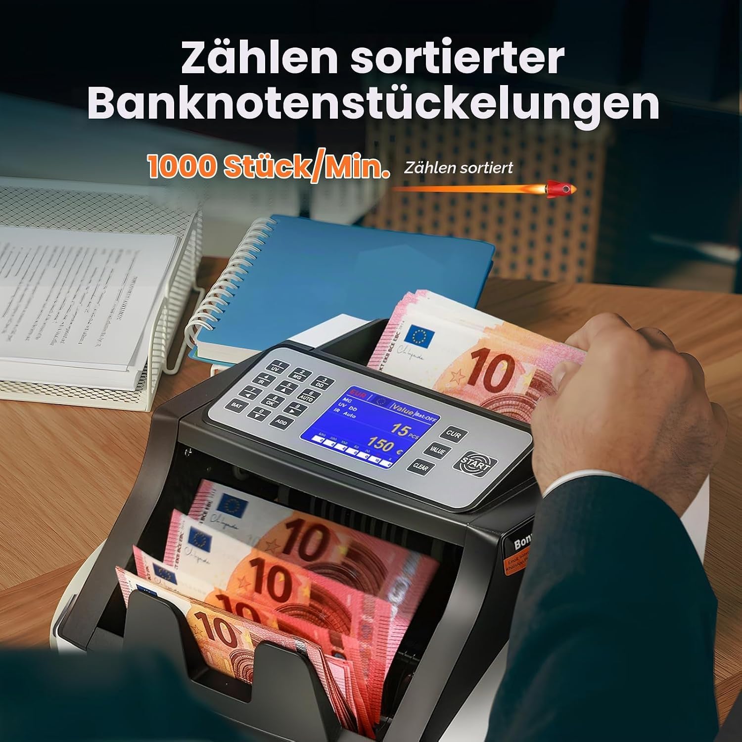 Bonvoisin Einfacher Geldzählmaschine, zählt sortierte Nennwerte | 1000 Stück/Min., UV/IR/MG-Fälschungserkennung, Batch-, ADD-Funktionen, Zusätzliches Display (Mischbeträge nicht Zählbar)