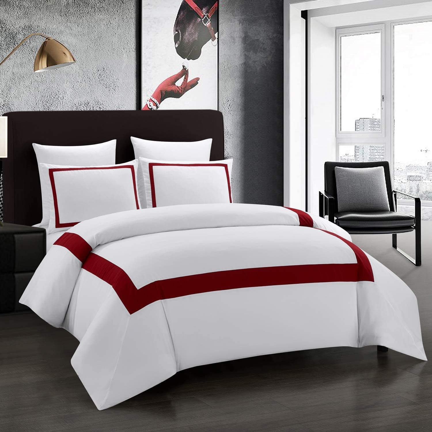 Aladdin Home Hotel Collection Duvet Cover Set Queen White-Burgundy Band Stitch Luxury Bedding Sets with Zipper Closure Ultra Soft (Queen, White-Burgundy Band)