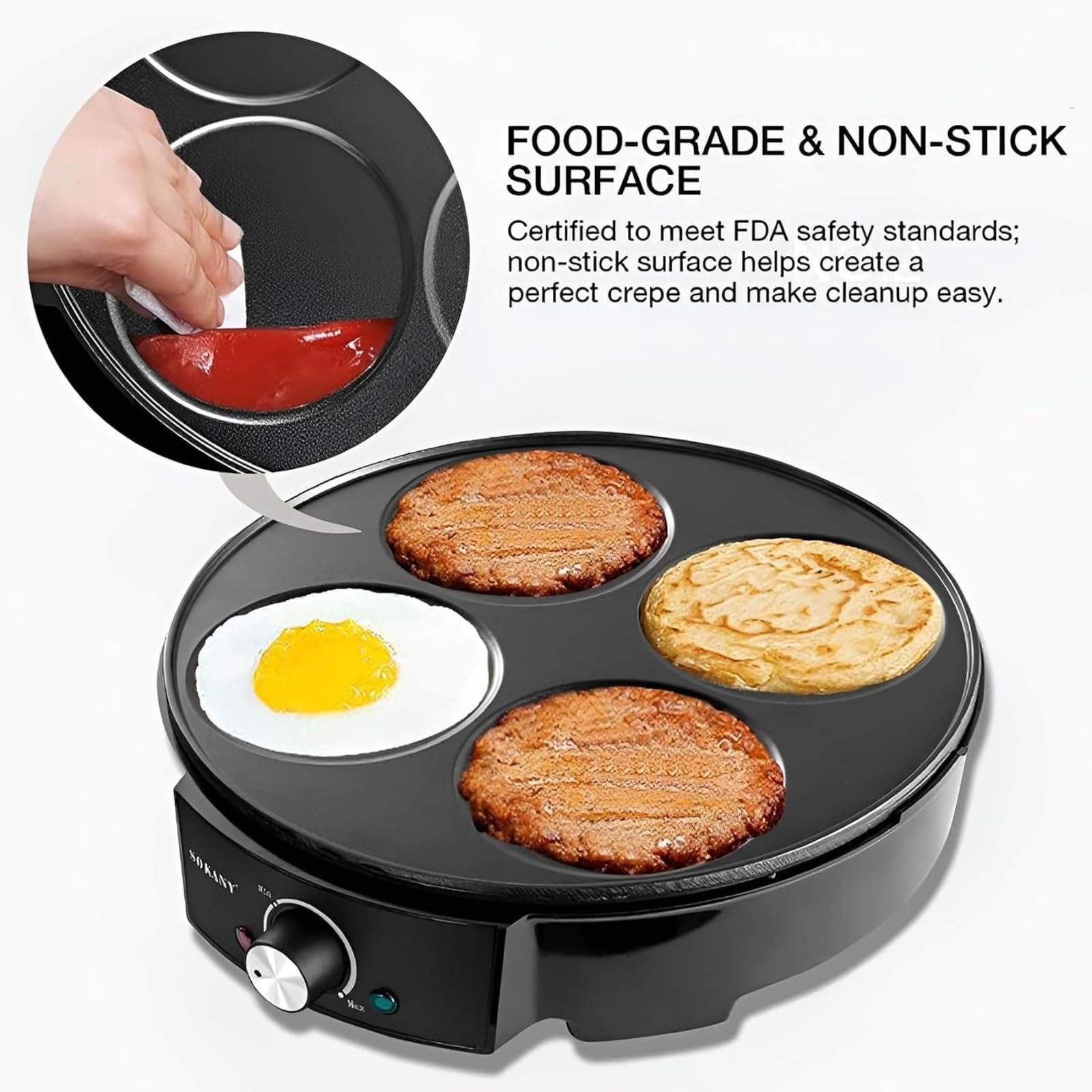Macchina per pancake elettrico a 4 fori, griglia per la colazione antiaderente | Rivestimento antiaderente per uso alimentare, riscaldamento uniforme Tubo riscaldante a forma di E, stampi da cucina ci
