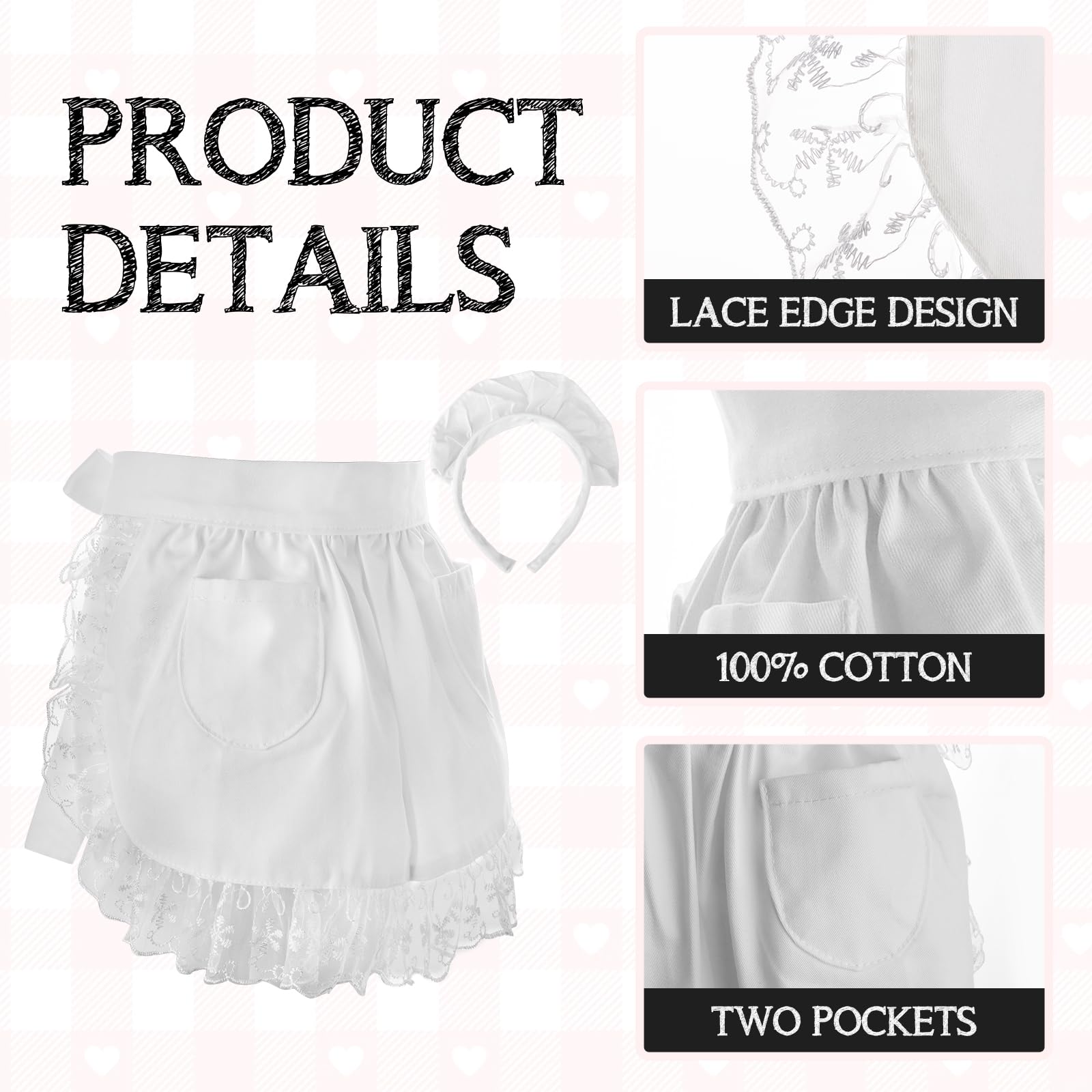 Aspire Waist Apron and Headband Set, Halloween Women's White Lace Cotton Half Apron Costume Maid Apron with Pockets - M - Image 3