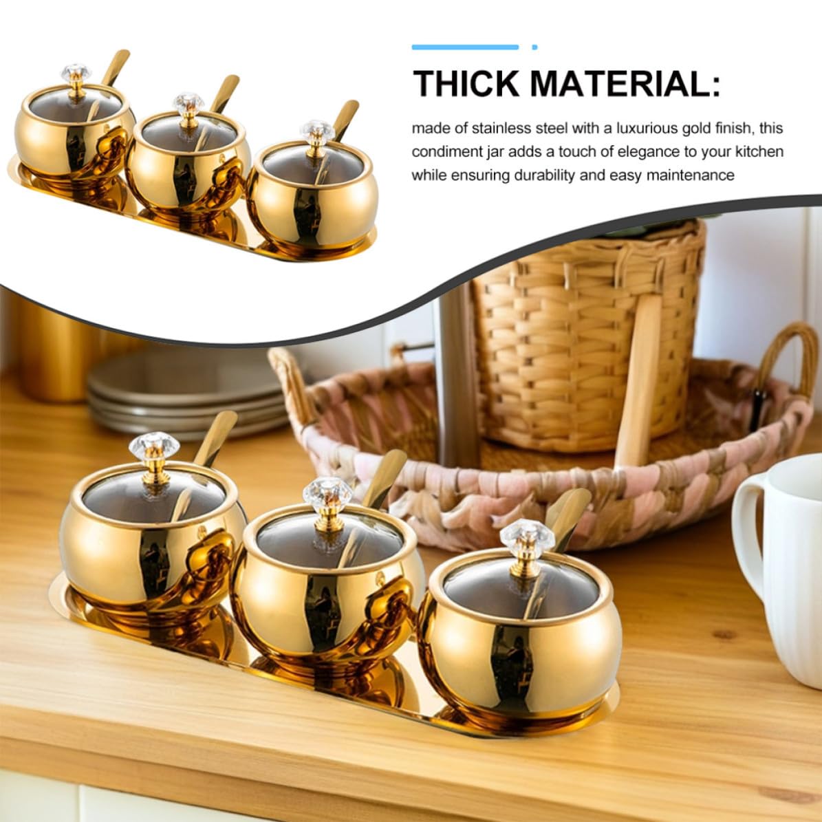 Gewürzbehälter Inklusive Tablett Satz mit Deckel und Löffel Edelstahl Moderner Stil Luxuriöse Goldene Oberfläche für Salz Zucker und Gewürze in Küche