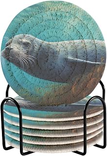 Sea Floor Organism 6 Pcs Coasters for Drinks, Drink Coasters Set Absorbent Heat-Resistant for Bar Coffee Table Tabletop Protection with Holder, Suitable for Kinds of Cups