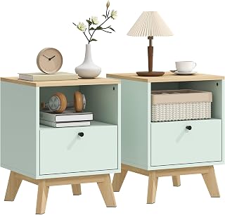 Modern Nightstand Set of 2, Bedside Table with Drawer and Open Shelf, Side End Table for Bedroom, Light Green