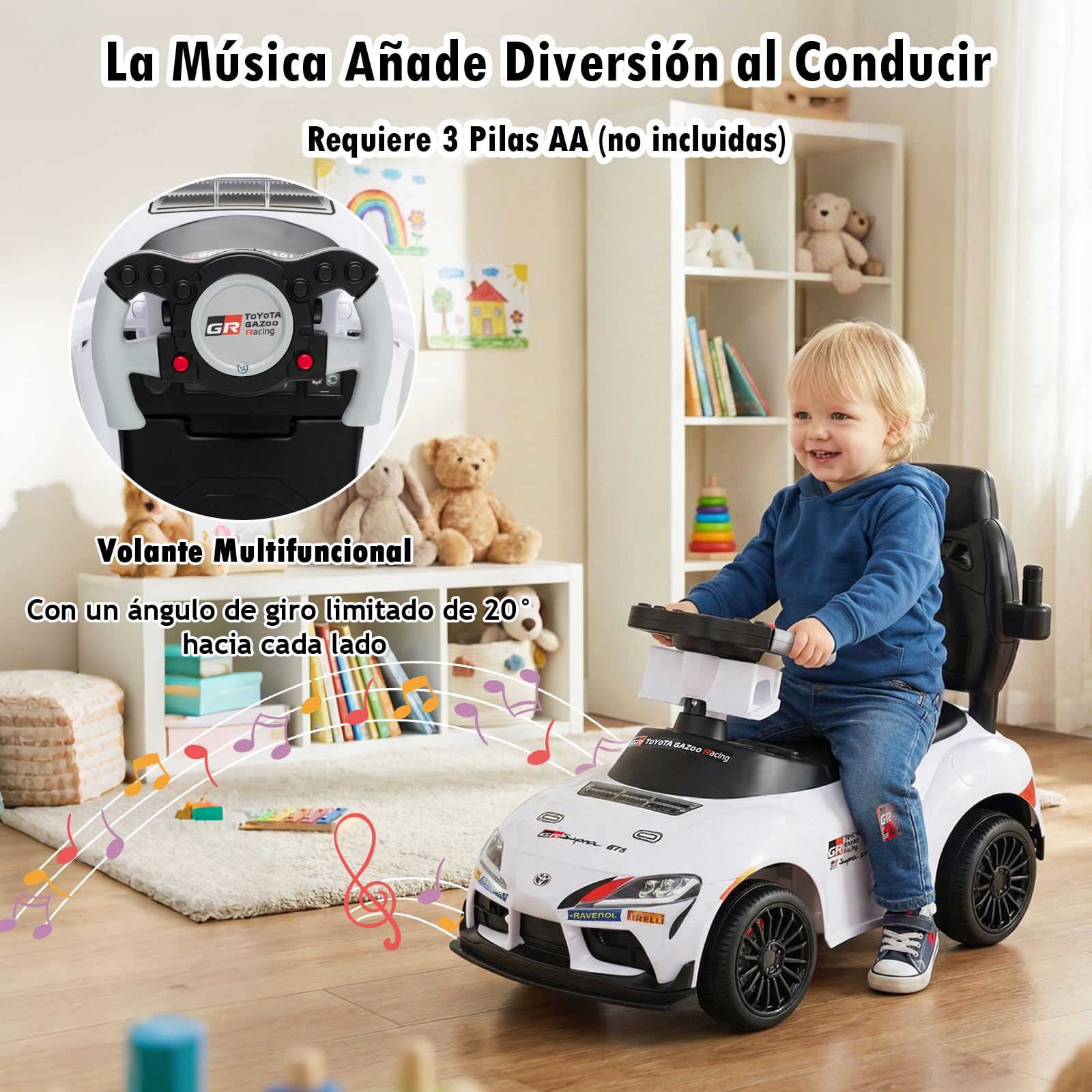 GOPLUS Correpasillo 3 en 1, Coche Correpasillos para Niños con Barra de Empuje, Barandilla de Seguridad Desmontables, Volante con Sonido y Música, Almacenaje bajo Asiento, para 1,5-5 Años (Blanco)