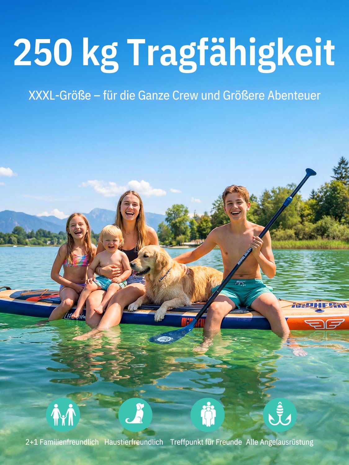 Niphean (Extra Groß) Stand Up Paddling Board, SUP für 2+1 Personen/Familien, SUP Board mit (Anfängergeeignet) Balancierflügel, wasserdichte Handyhülle, Stand Up Paddle Board for Adults, Geschenkideen