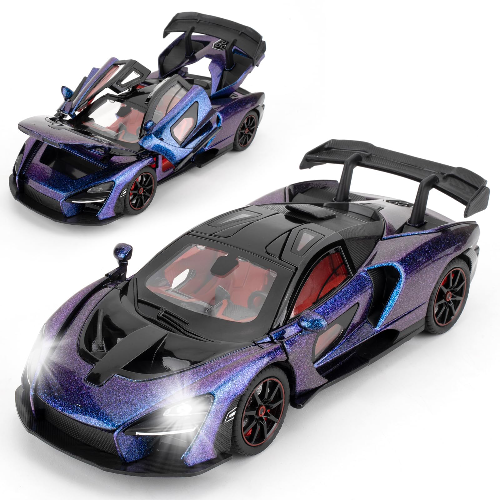 1:24 Scale Car Model Compatible for Super Sports Car Toys – Zinc Alloy Pull Back Vehicle with Sound and Light Effects, Collectible Model for Kids and Adults (Blue)