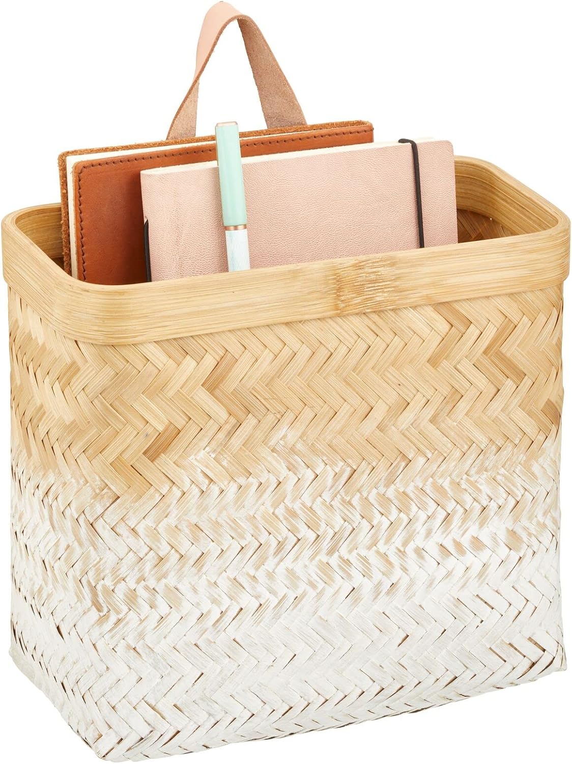 mDesign Woven Ombre Bamboo Hanging Wall Storage Basket for Flowers & Essentials, Decorative Boho Mounted Organizer for Pantry, Closet, Bathroom, and Cabinet/Entryway Doors - Natural/White