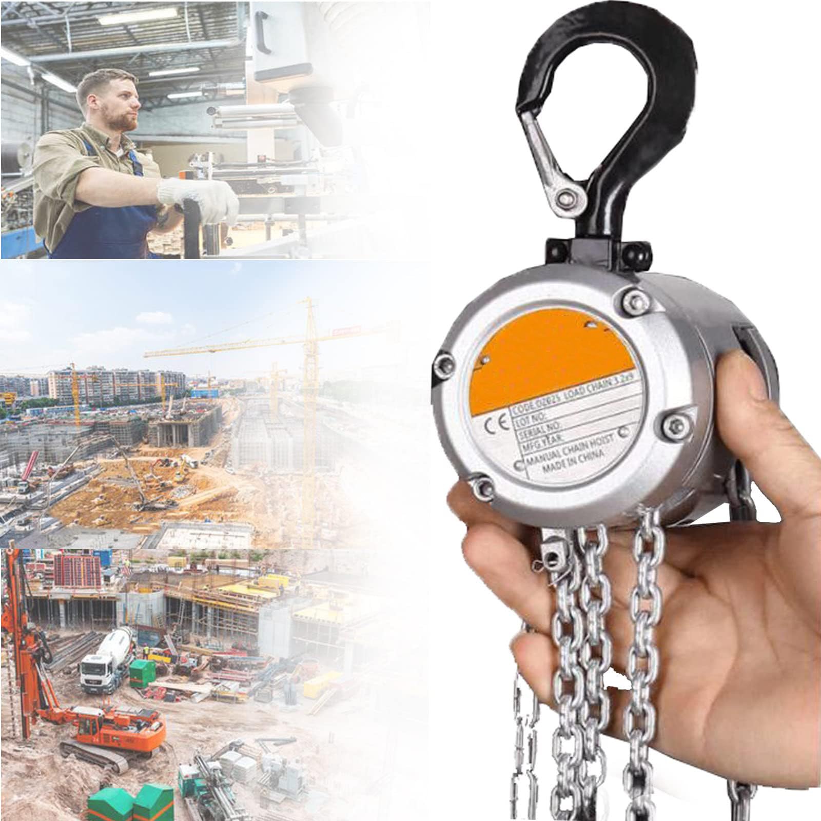 250/500kg Manual Chain Block Hoist Come Along Heavy Duty Hooks Commercial Grade Steel, Manual Hand Lift Steel Chain Block, for Lifting Goods,250KG*3M