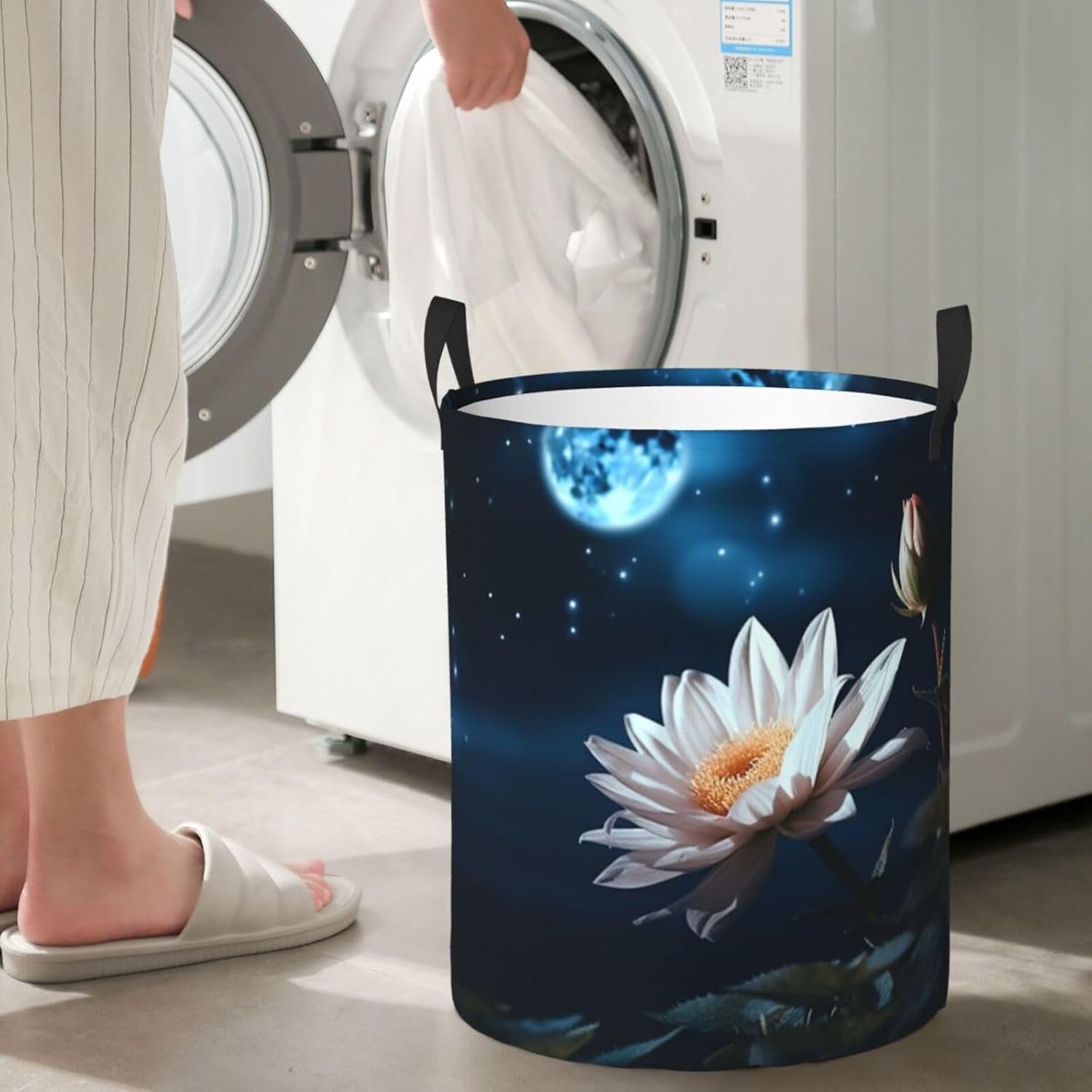 Flower and Moon Laundry Basket With Handles, Foldable Laundry Hamper Oxford Cloth Dirty Clothes Basket Waterproof Clothes Toys Storage Bin Organizer for Bedroom Bathroom Dorm