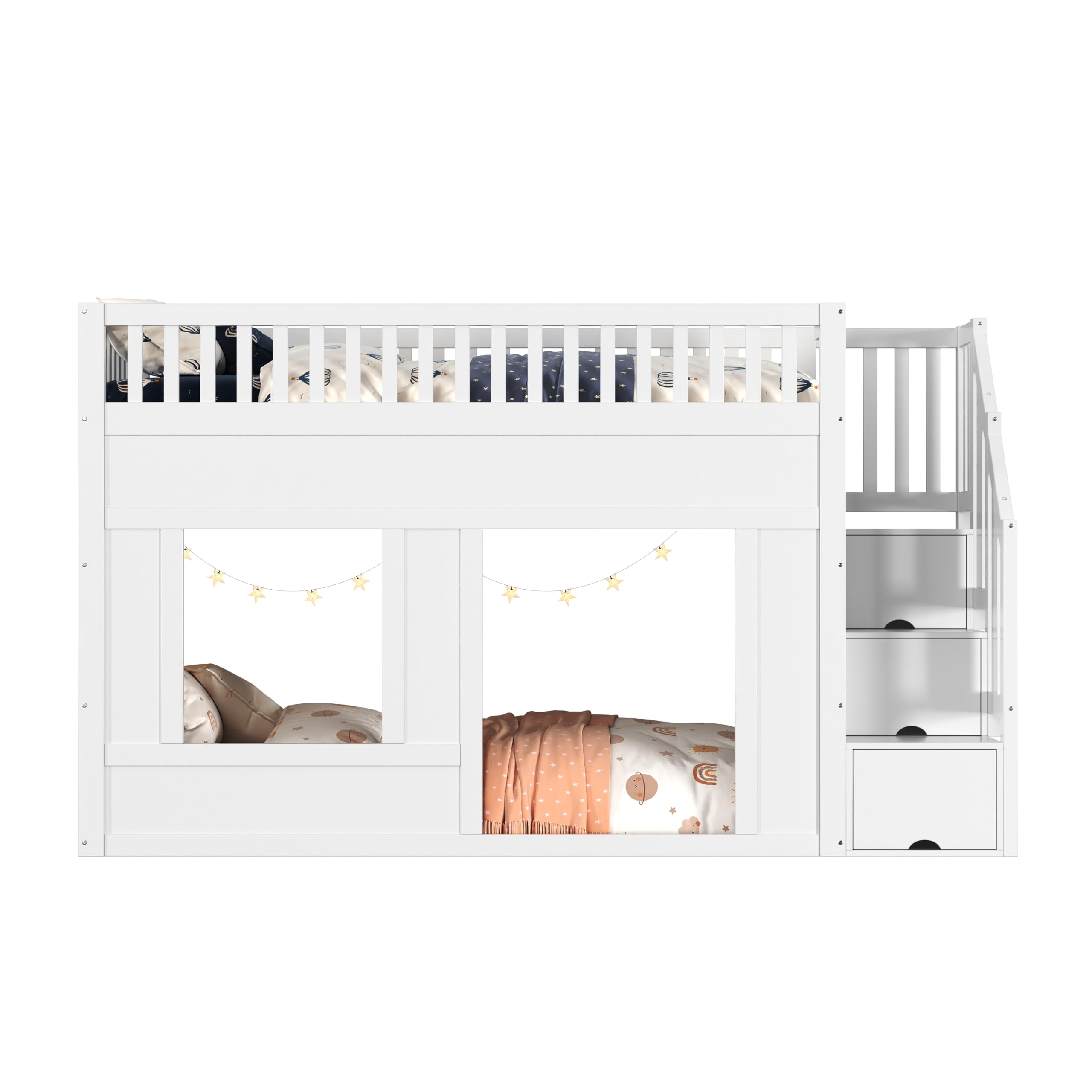 Cuna Litera 90 x 200 cm Blanca Cama Alta Multifuncional Cama Infantil con Armario Escaleras Espacio Convertible Debajo Sin Colchón