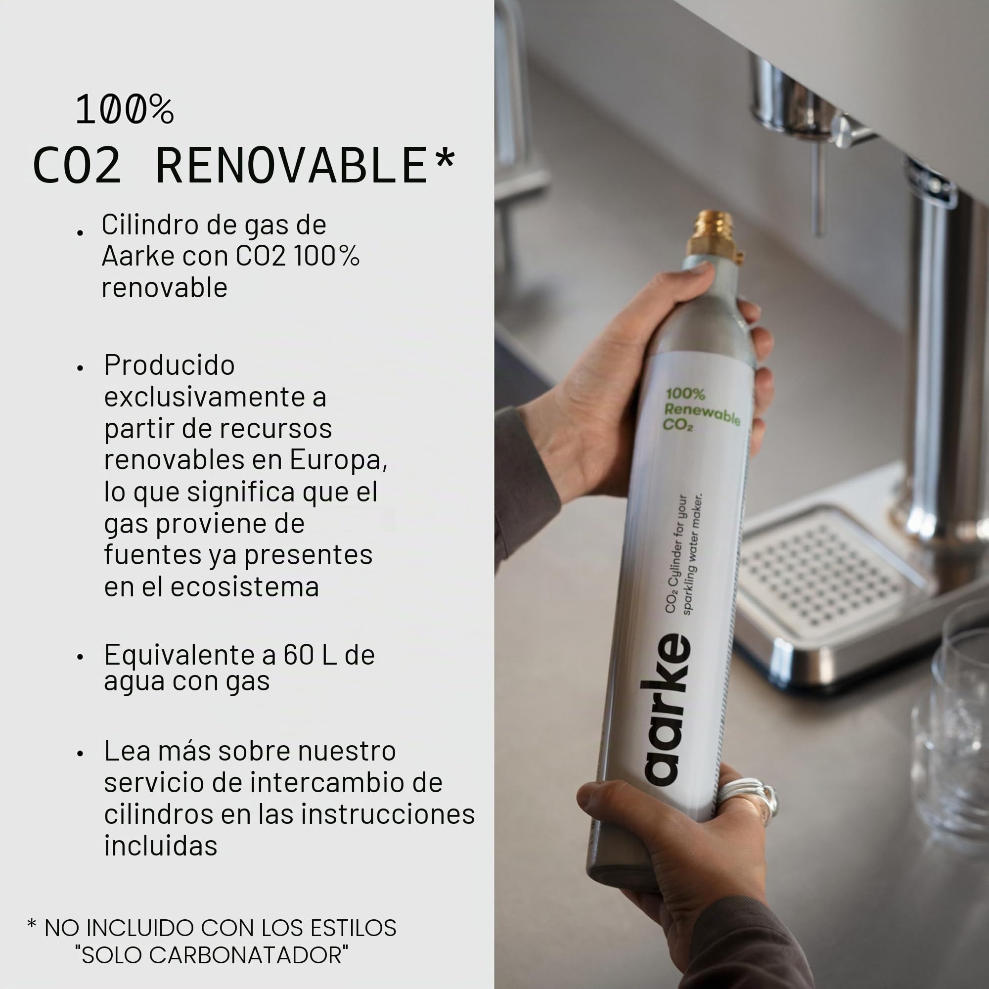 Aarke Carbonator 3 - Máquina de agua con gas en acero inoxidable, acabado gris mate + cilindro de 60 litros con CO2 renovable