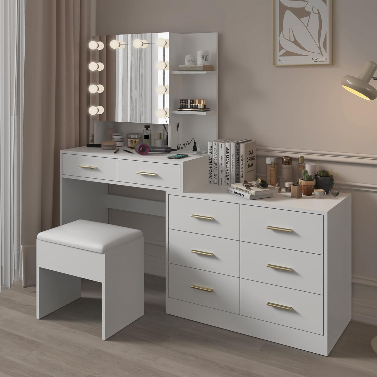 Karl home Makeup Vanity Desk Set with Mirror & Lights, Dressing Table with Power Outlet, Large Vanity Table with 8 Drawers 3 Lighting Modes Adjustable Brightness for Bedroom, White