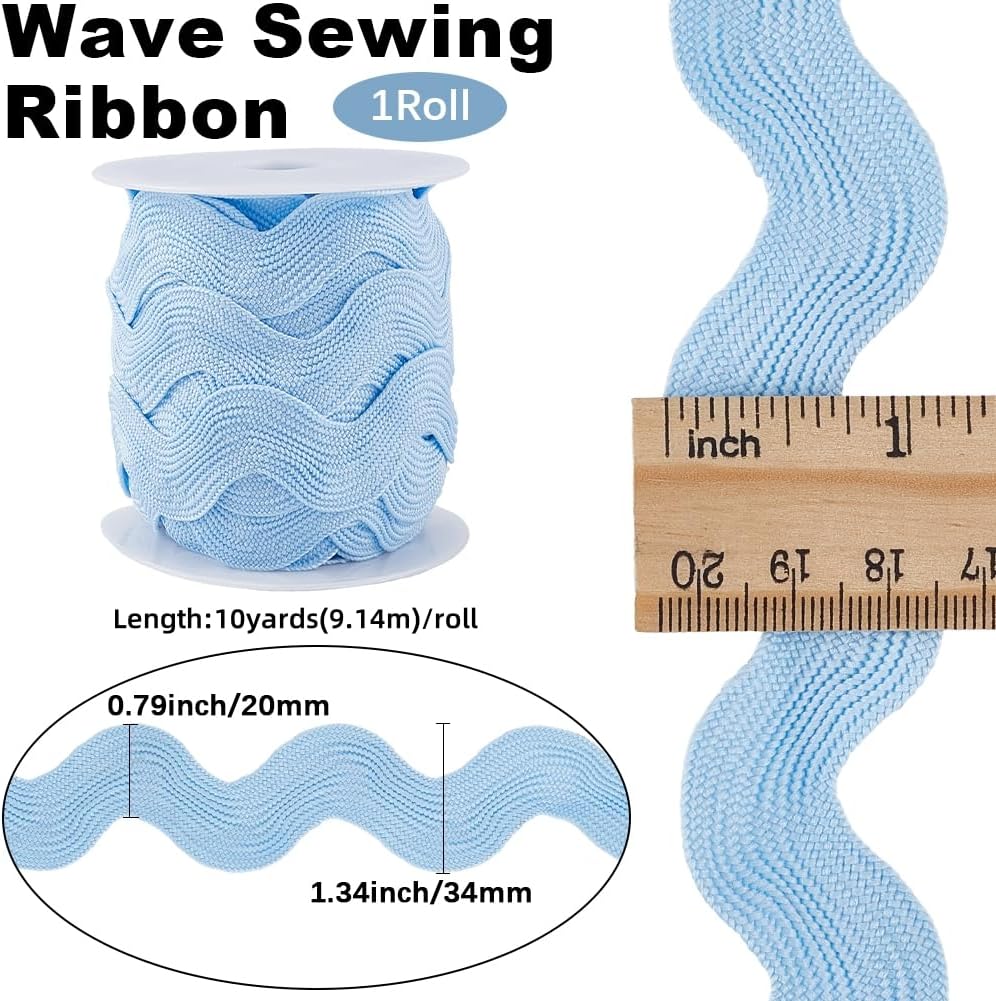 GORGECRAFT 1.34 Inch Rick Rack Trim for Sewing 10 Yards Jumbo RIC Rac Ribbon Christmas Rickrack Sky Blue Wave Bending Fringe Trim Woven Braided Fabric Lace Zig Zag Trim for DIY Crafts Wedding image 2