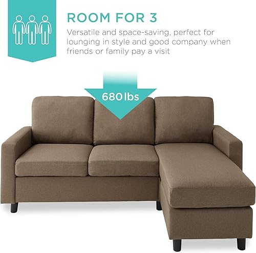 Miniatura 7 de Best Choice Products Sofá modular tapizado para el hogar, apartamento, dormitorio, habitación extra, espacios compactos con diván, 3 asientos,
