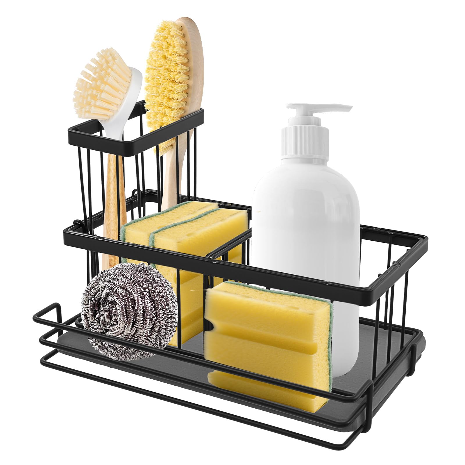 Kuanght Black Kitchen Sink Caddy With Diatomite Absorbent Pad, Sink Tidy Organiser For Kitchen Countertop Carbon Steel Sponge Caddy For Dishwashing Liquid, Sponges And Kitchenwares