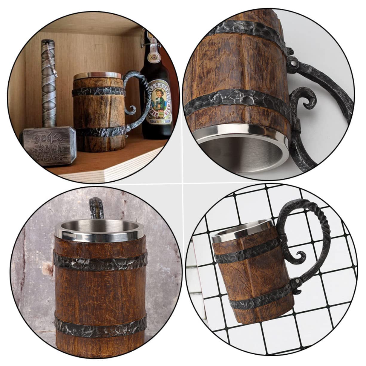 Cabilock 3 Piezas jarra de cerveza de barril de madera térmico botella de agua jarra cerveza original Jarra de cerveza especial taza con diseño de barril tazas portátiles Acero inoxidable