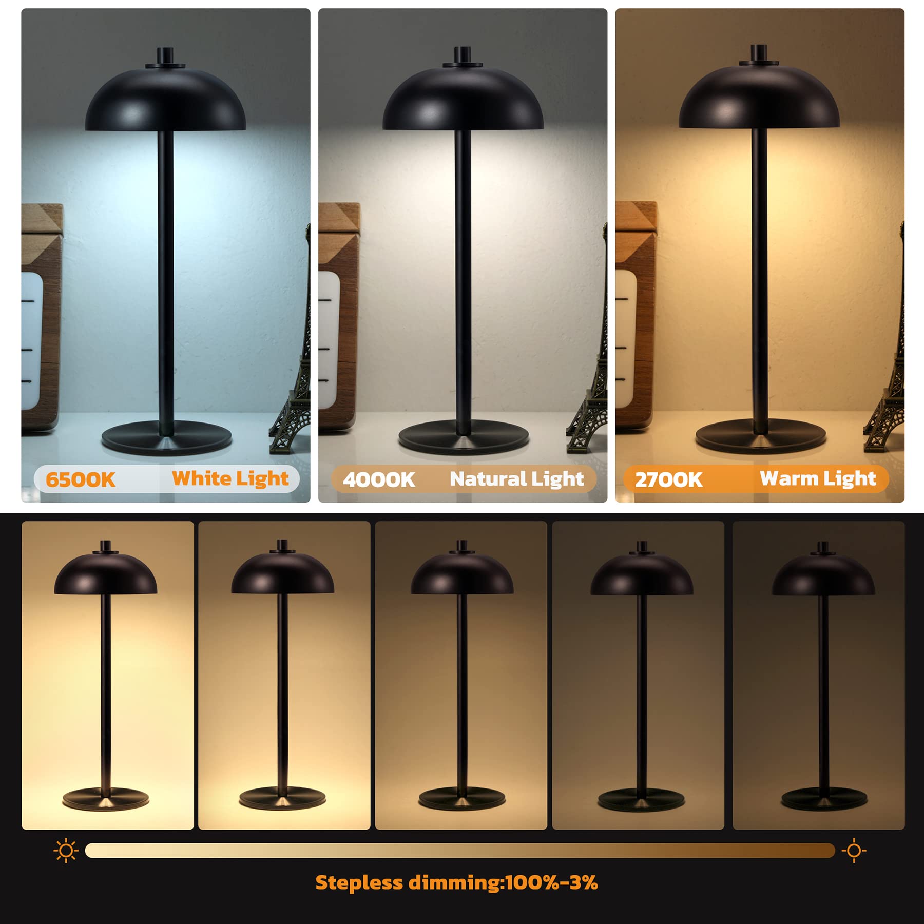 Lampada da tavolo senza fili ricaricabile, 5000 mAh, lampada da tavolo a LED dimmerabile in 3 colori, con funzione di memoria, per interni, esterni, cene, casa, ristorante, (nero)