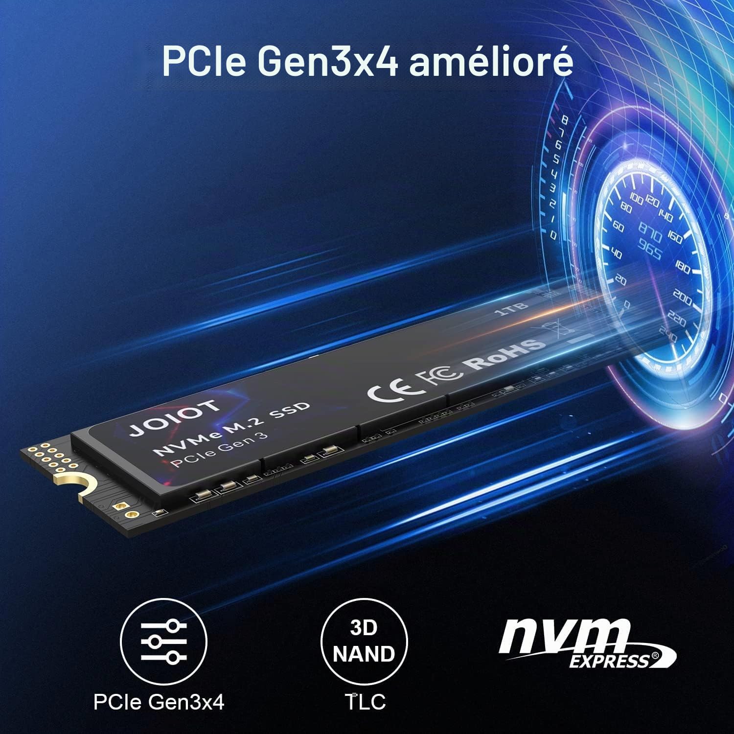 JOIOT SSD 1To PCle 3.0x4 Disque SSD Interne, Vitesse de Lectura jusqu'à 3500 Mo/s, M.2 2280 Nvme SSD Interne 1 to Compatible avec Ordinateur Portable et de Bureau,Disque Dur SSD TLC 3D NAND