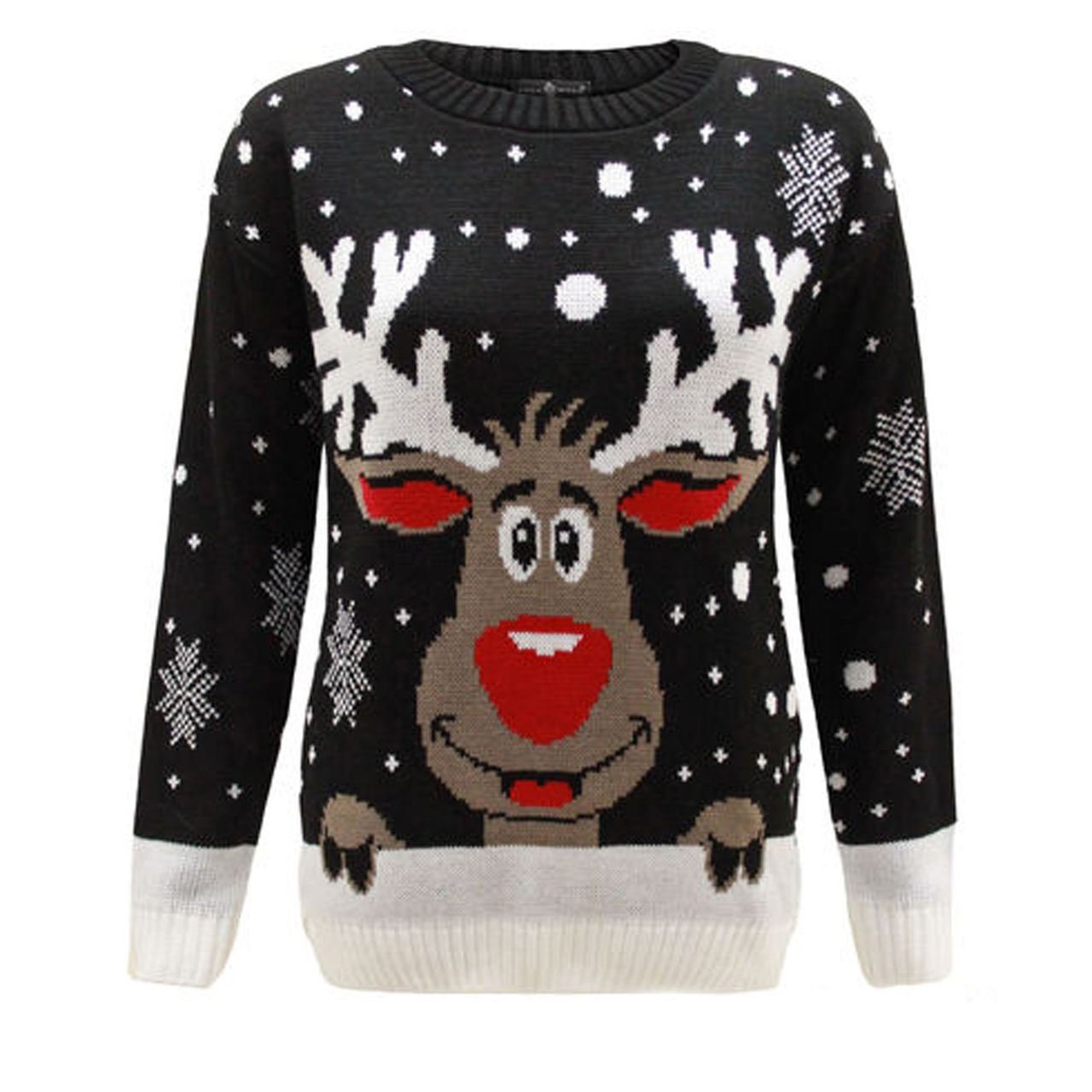 New Ladies Women Knitted Reindeer Rudolf Christmas Xmas Snowflakes Jumper Top Crew Neck Long Sleeves[Black,L]