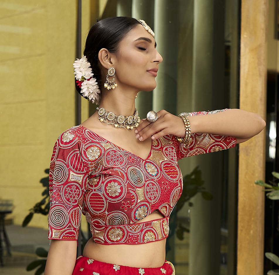 Pujia Mills Women's Blouse Readymade Blouse Embroidery Multi Coding Gold Thread Blouses Handwork Red Color Readymade Saree Blouse For Women For Saree And Lehenga Choli (A2420 Red 36)
