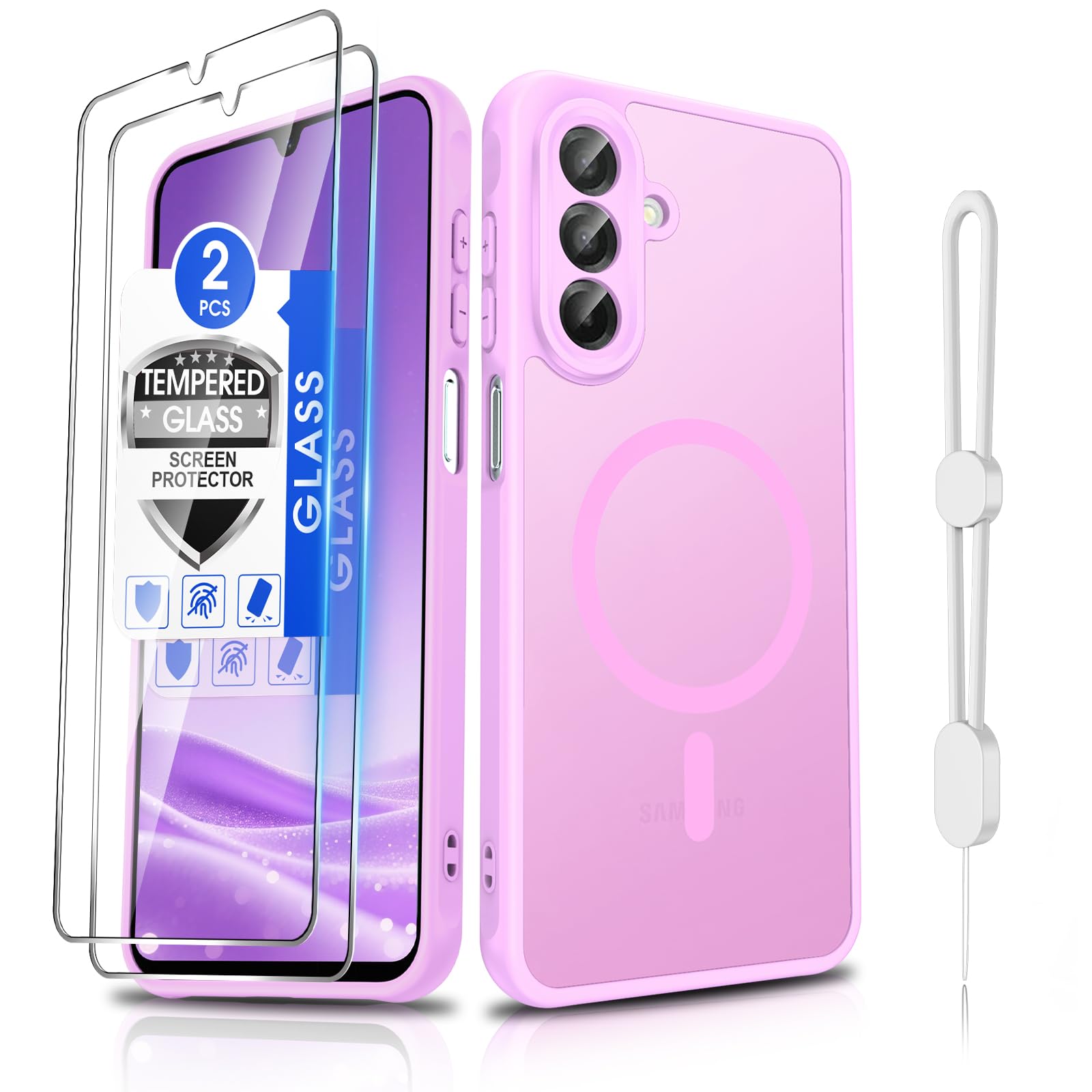 Dizn for Samsung Galaxy A26 5G Phone Case with 2Screen Protector,Phone Lanyard,Fit for MagSafe,Camera Bumper Protection,Shockproof,Magnetic Thin Translucent,for 6.7-inch Samsung Galaxy A26,Pink