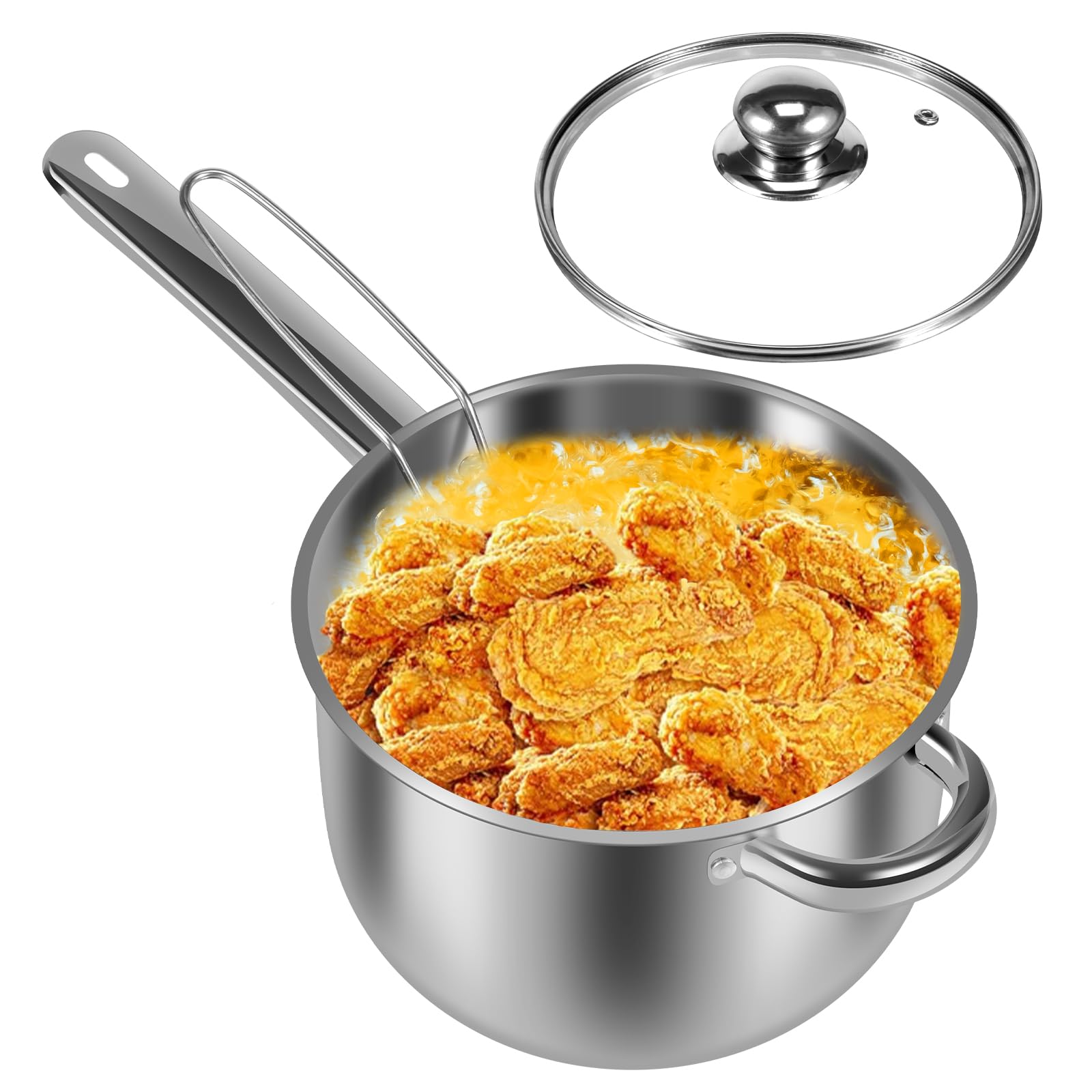 Deep Fryer Pot, Stainless Steel Frying Pot with Basket Practical Cooking Pot Deep Fryer Portable Fry Pot Oil Saving Mini Deep Fryer Pot Multifunctional Food Fryer Pot for Cooking