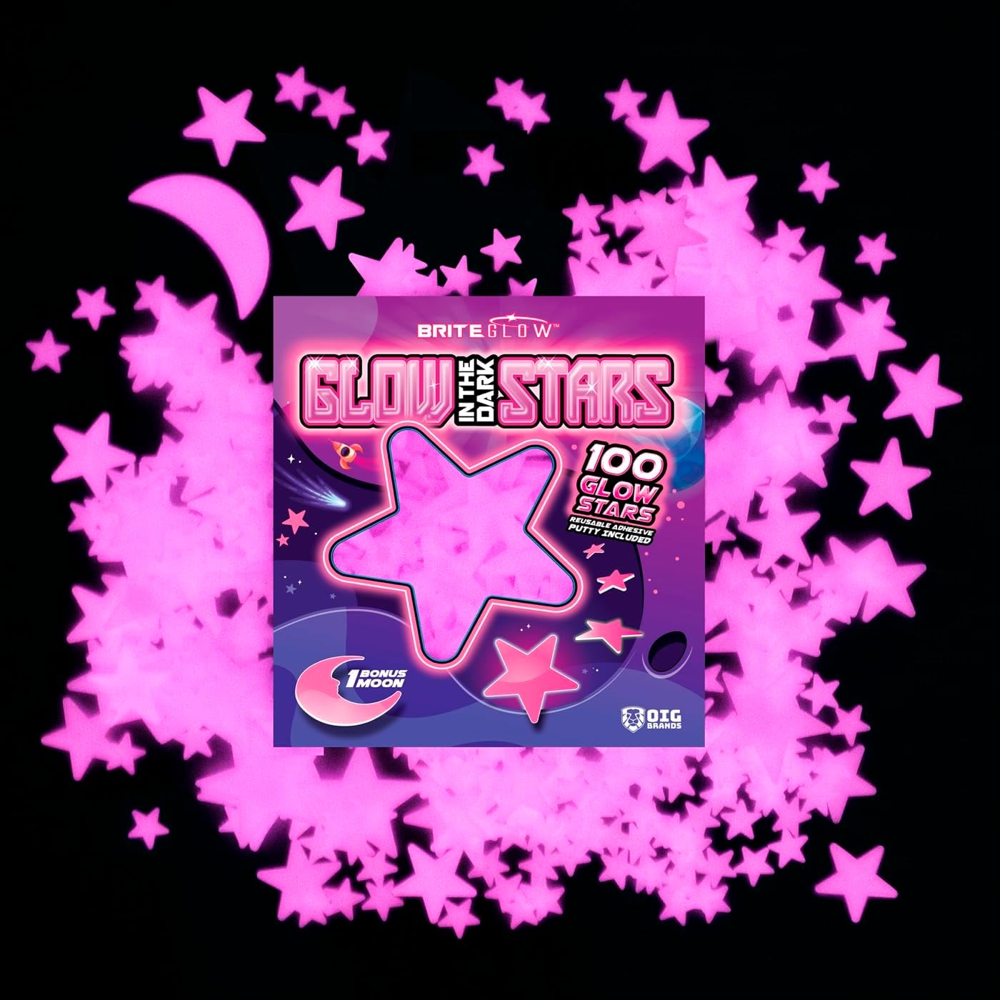100PK Pink Glow in The Dark Stars for Ceiling Easter Basket Stuffers for Kids - Star Brite Plastic Glow Stars with Moon & Putty Ages 4,5,6,7,8,9,10,11,12 for Bedroom Space Night Light Room Non-Toxic