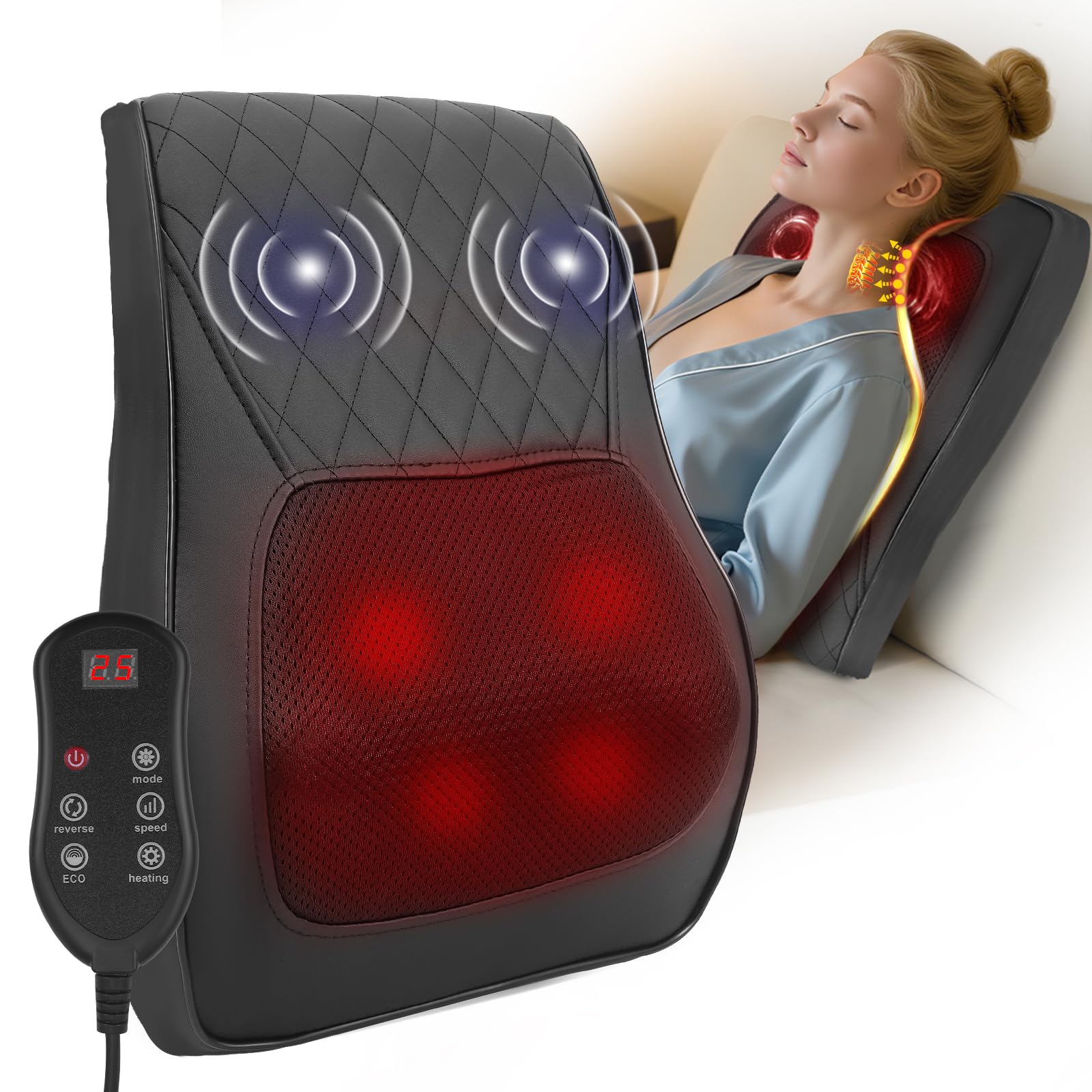 Nackenmassagegerät mit Wärme, 3D Knet Massagekissen Shiatsu zur Schmerzlinderung, Nackenmassagegerät mit 3 Geschwindigkeiten 2 Richtungen, Elektrische Massagekissen für Nacken, Rücken