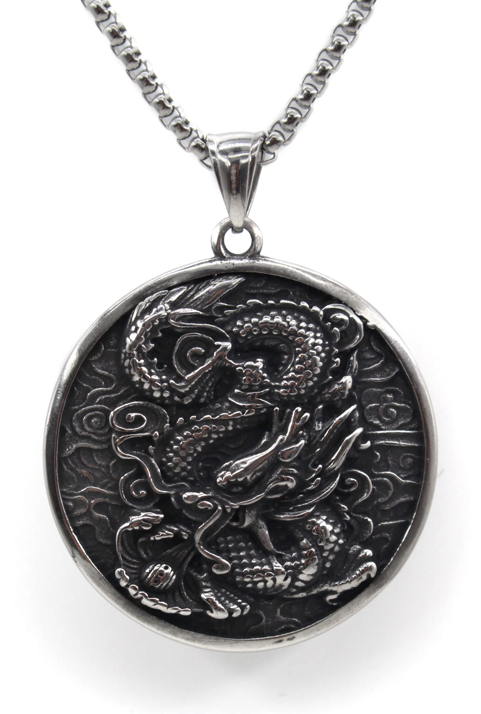 Scddboy'Scddboy Dragon Disc Talisman Necklace for Men,Animal Dragon Amulet Pendant with 22+2'' Stainless Steel Chain'