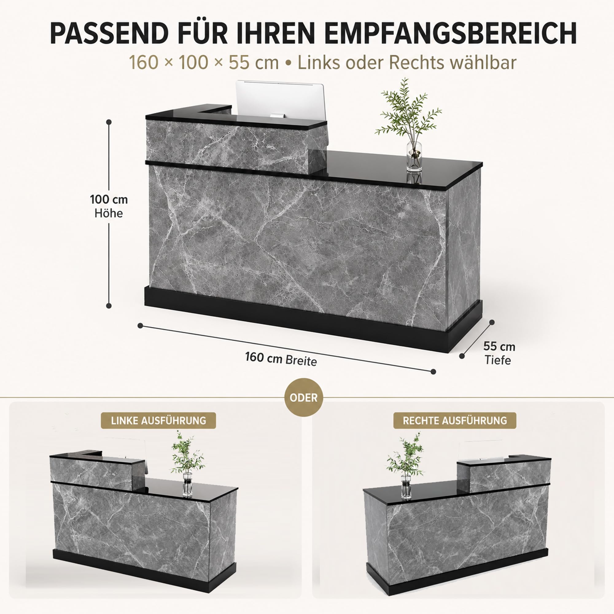 JSLJDM Empfangstheke 160 cm mit Stauraum, Moderne Theke in Marmoroptik, Empfangstresen für Büro, Praxis, Salon und Geschäft Left