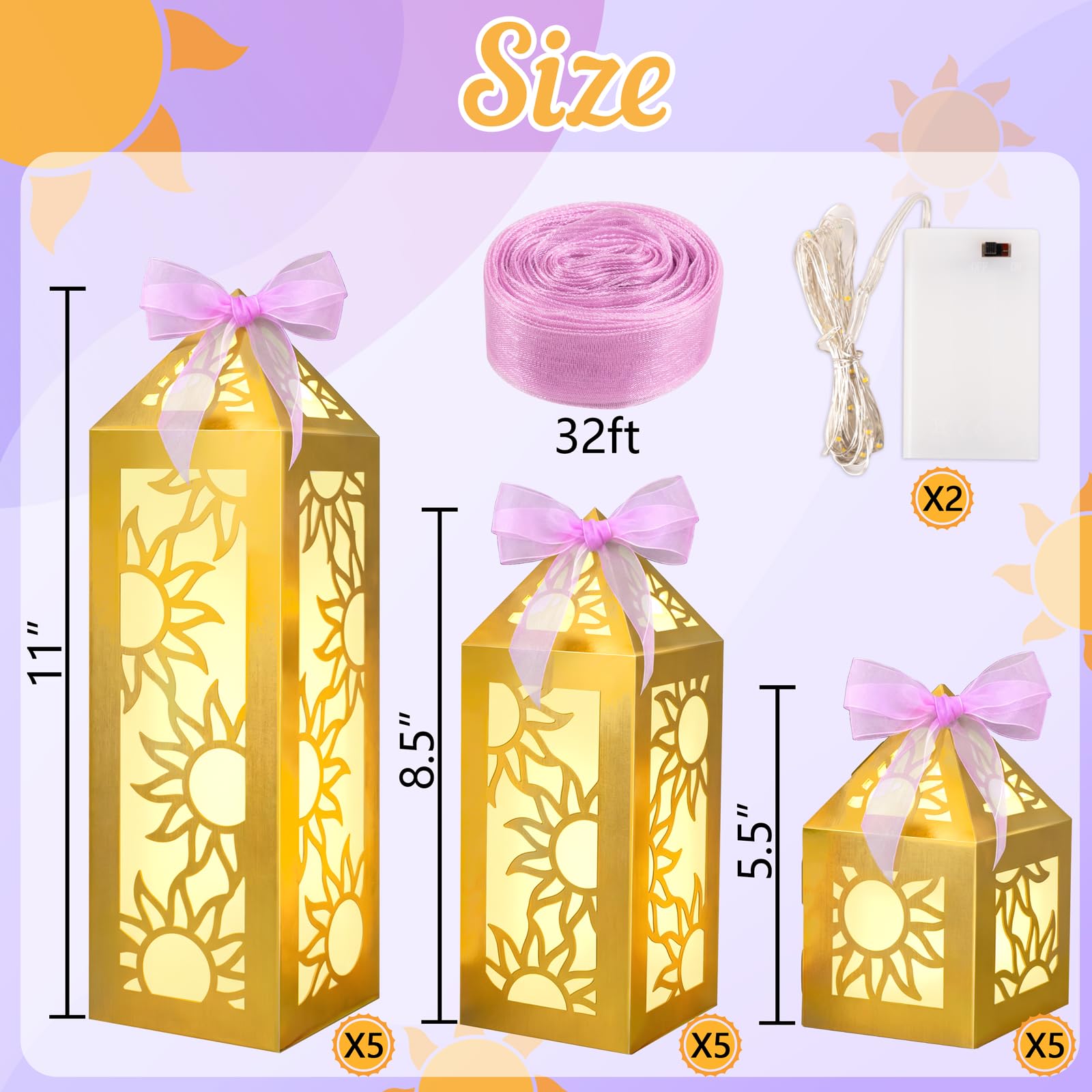 15 piezas de decoración de fiesta de princesa, faroles dorados con luces LED, cinta para decoración de mesa de cumpleaños de niñas (pilas no incluidas)