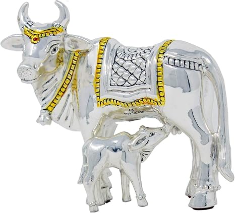 Amazon カラットカフェ 純銀 999彫像 カーフ付き牛 Bis ホールマーク Puja Temple Good Luck ギフト ホーム装飾 Net Wt 52 54 Gms Pure Silver 繁栄とウェルネスシンボル付き インテリア オンライン通販