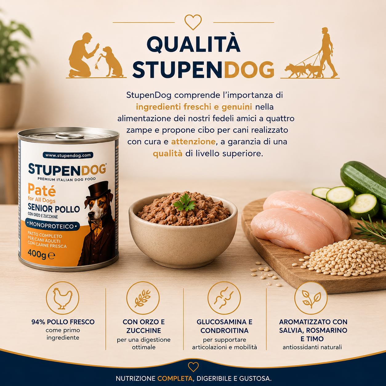 STUPENDOG Pâté senior au poulet avec orge et courgettes – 94% poulet frais, avec glucosamine et chondroïtine – Nourriture humide naturelle pour chiens âgés, sans conservateurs (12x400g)