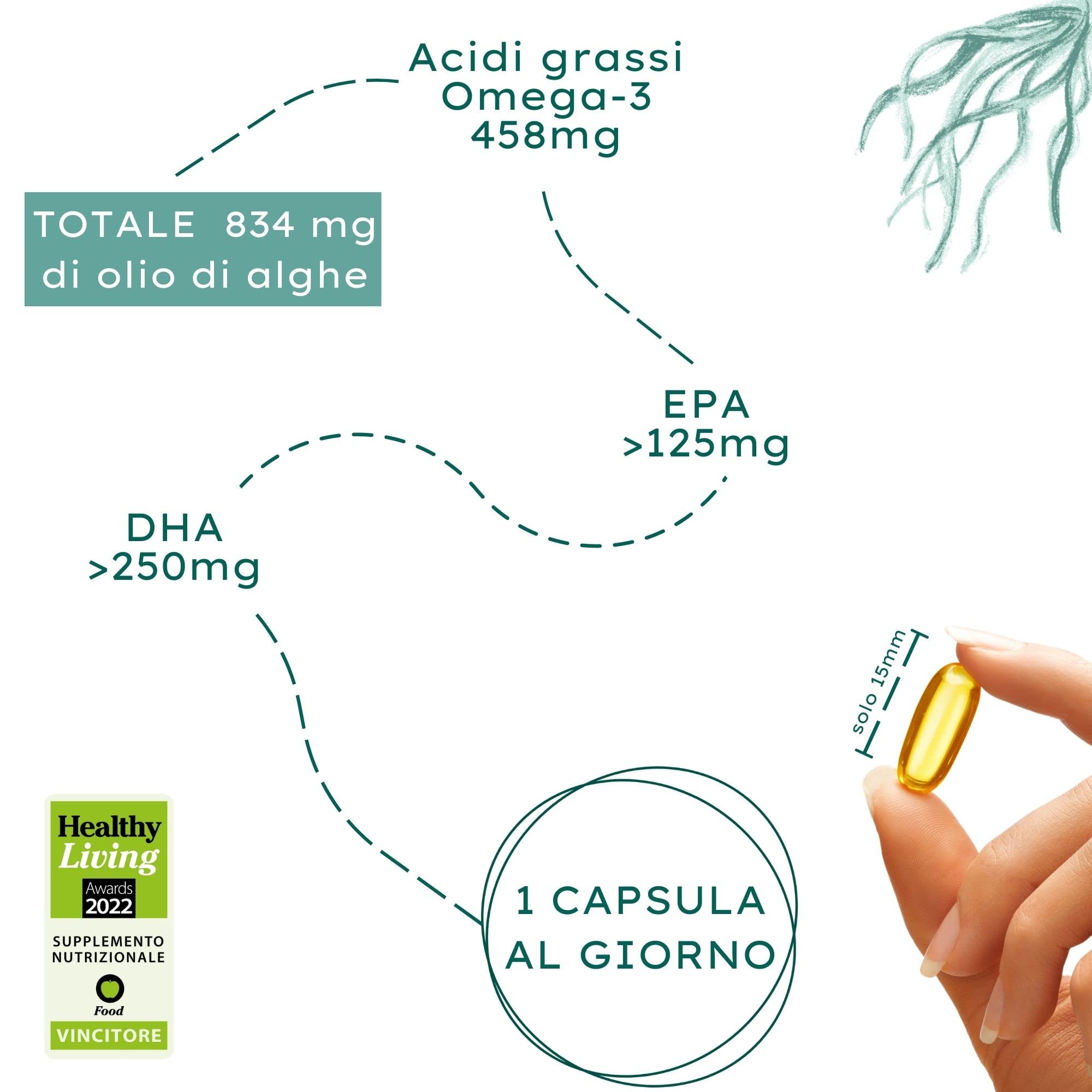 Nature Basics® Algae Oil Omega 3 vegan | 120(!) capsule altamente dosate in un barattolo | Per capsula naturale 455mg con 30% DHA & 15% EPA